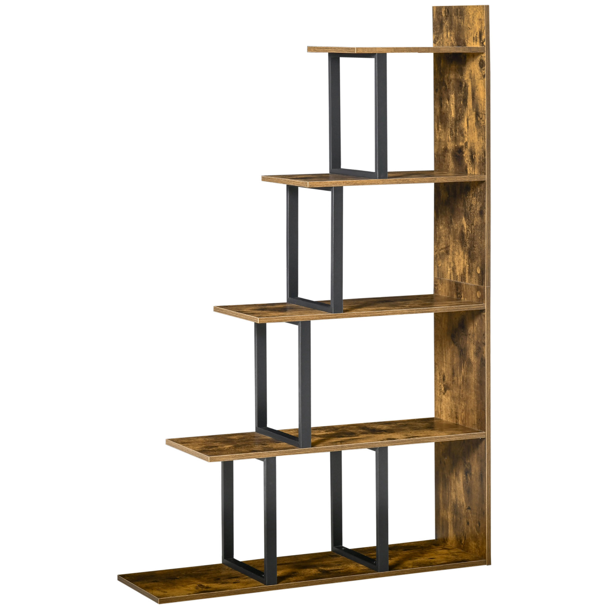 Voir la diapositive 1 : HOMCOM Étagère bibliothèque séparateur de pièce style industriel en escalier 5 étagères dim. 102L x 30l x 160H cm acier noir panneaux particules aspect vieux bois chêne