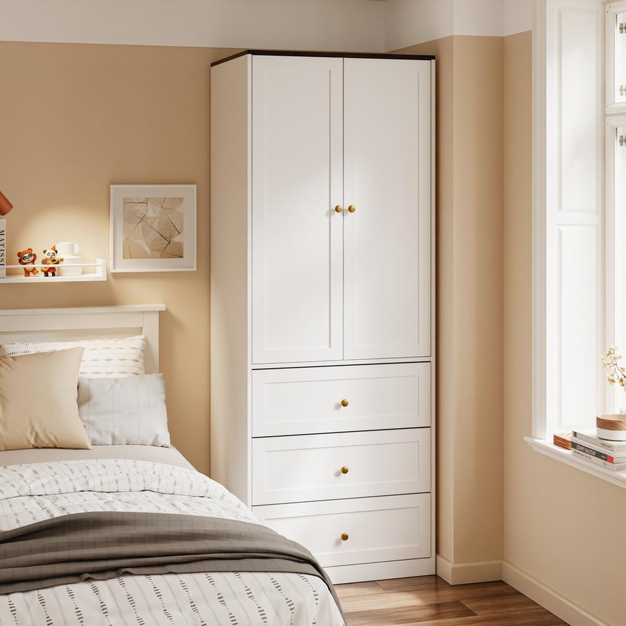 Voir la diapositive 2 : SOBUY Armoire 2 portes battantes avec 3 tiroirs blanc et bois 70x55x187cm ksb04-w