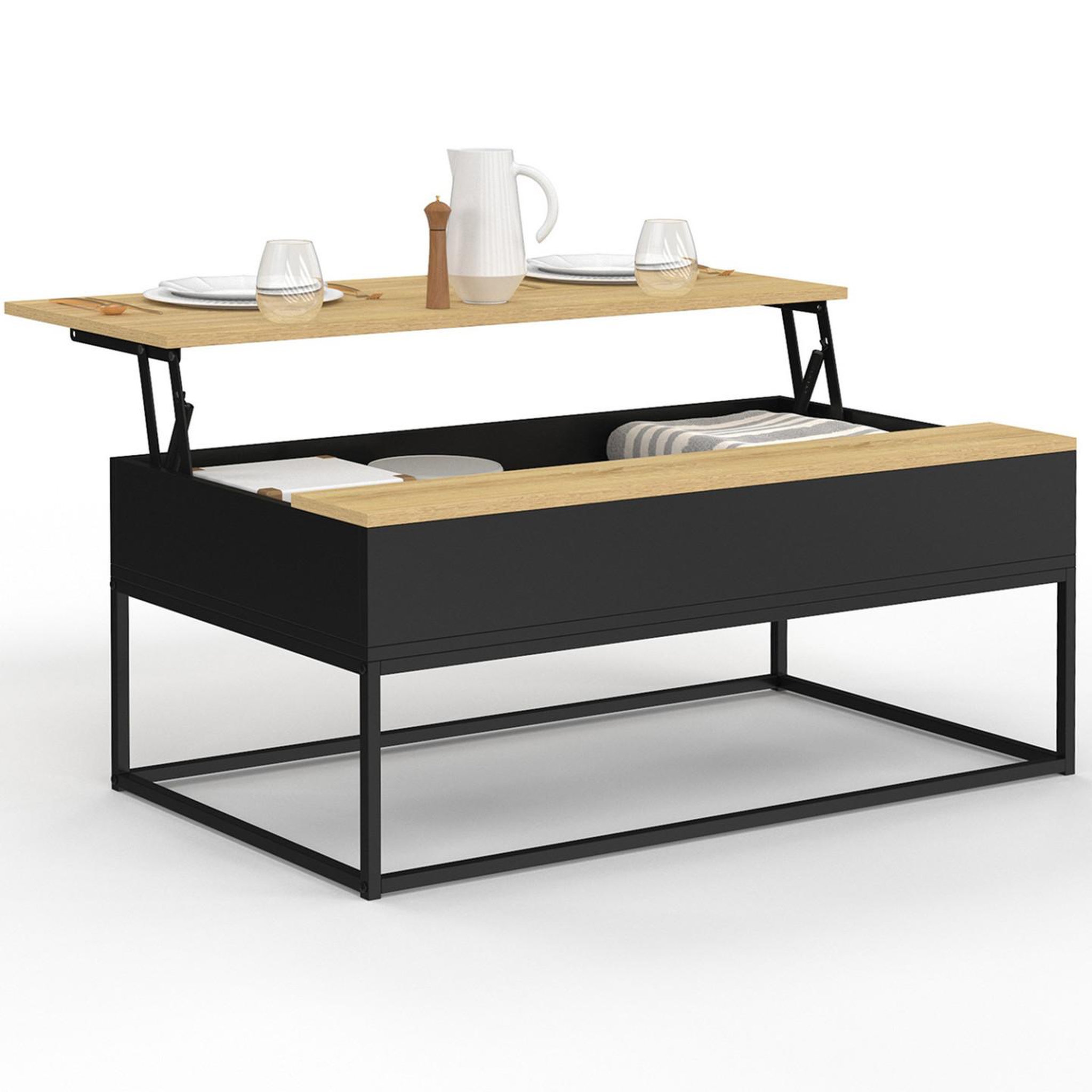 Voir la diapositive 2 : ID MARKET Table basse plateau relevable rectangulaire boston 100 cm noir plateau bois design industriel