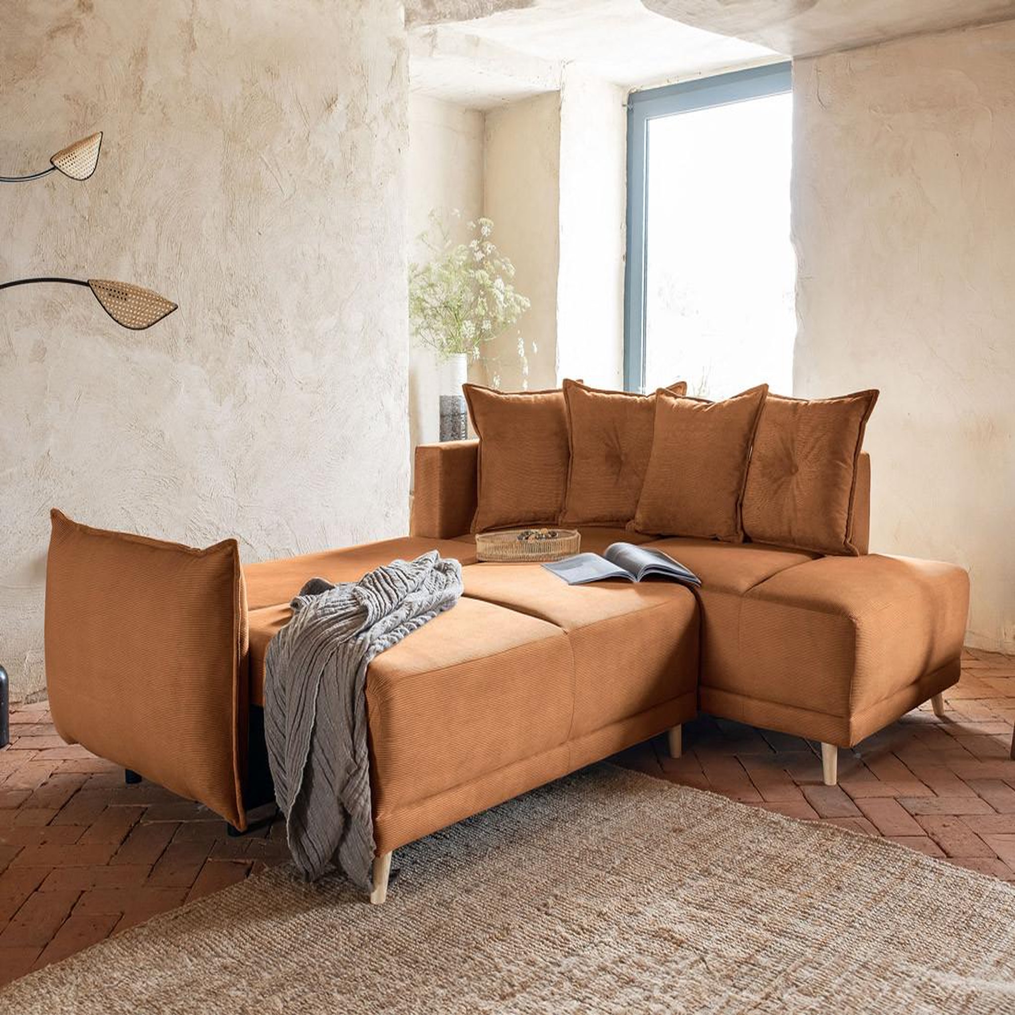 Voir la diapositive 2 : BEST MOBILIER Lena - canapé d'angle droit 5 places - convertible avec coffre - en velours côtelé
