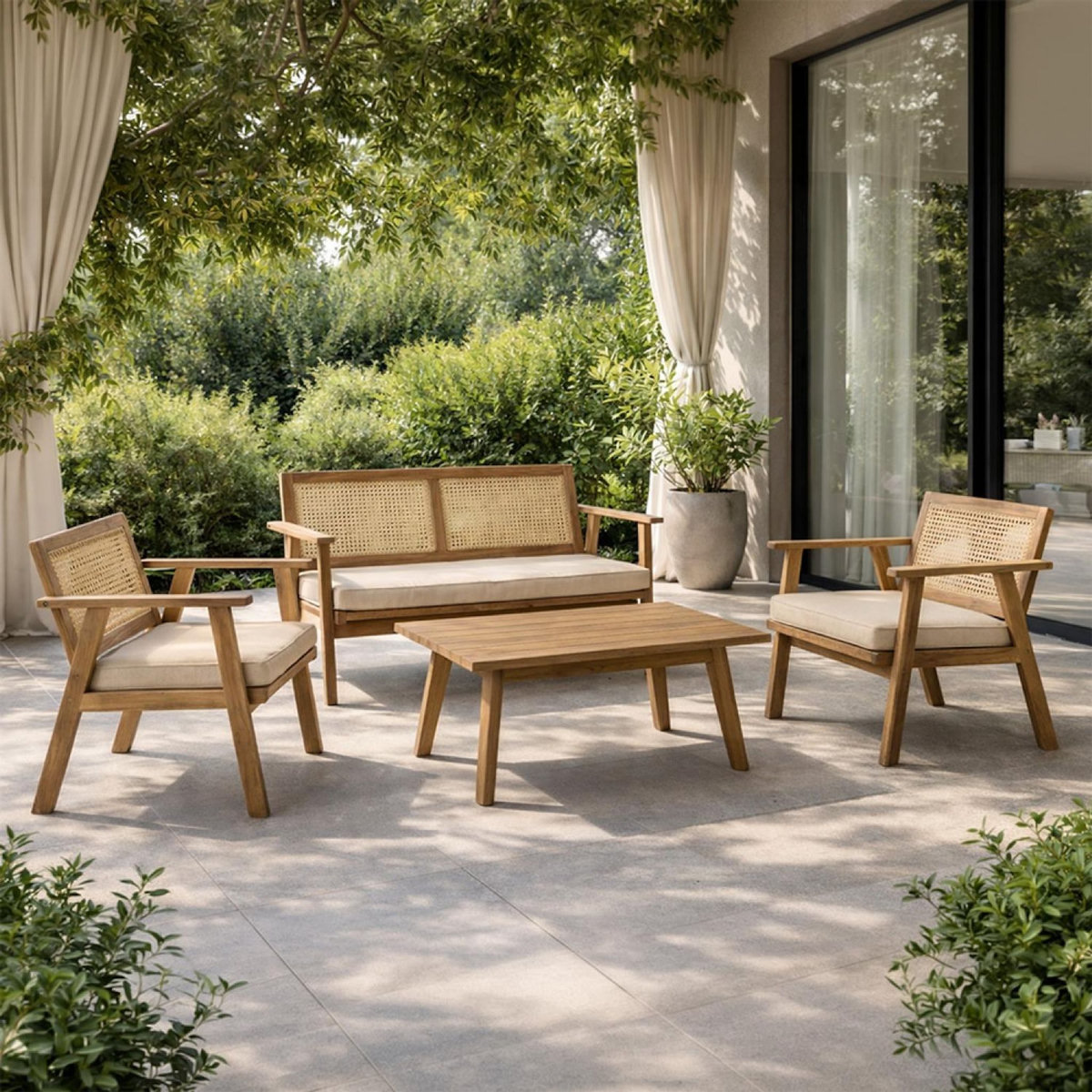 CONCEPT USINE Salon de jardin 4 places en acacia et cannage HANOI