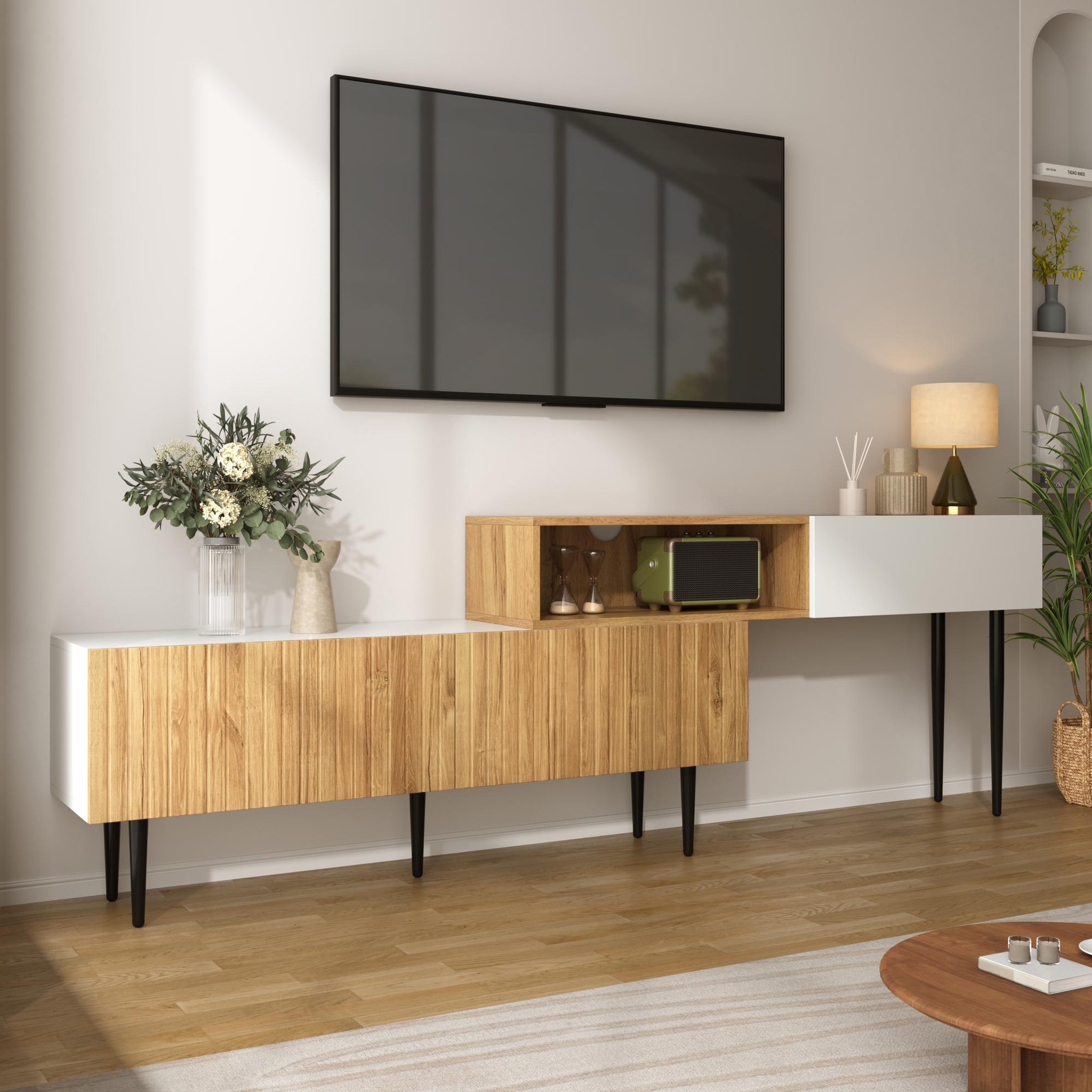Voir la diapositive 4 : MERAX Meuble tv naturel+blanc 130 cm mdf