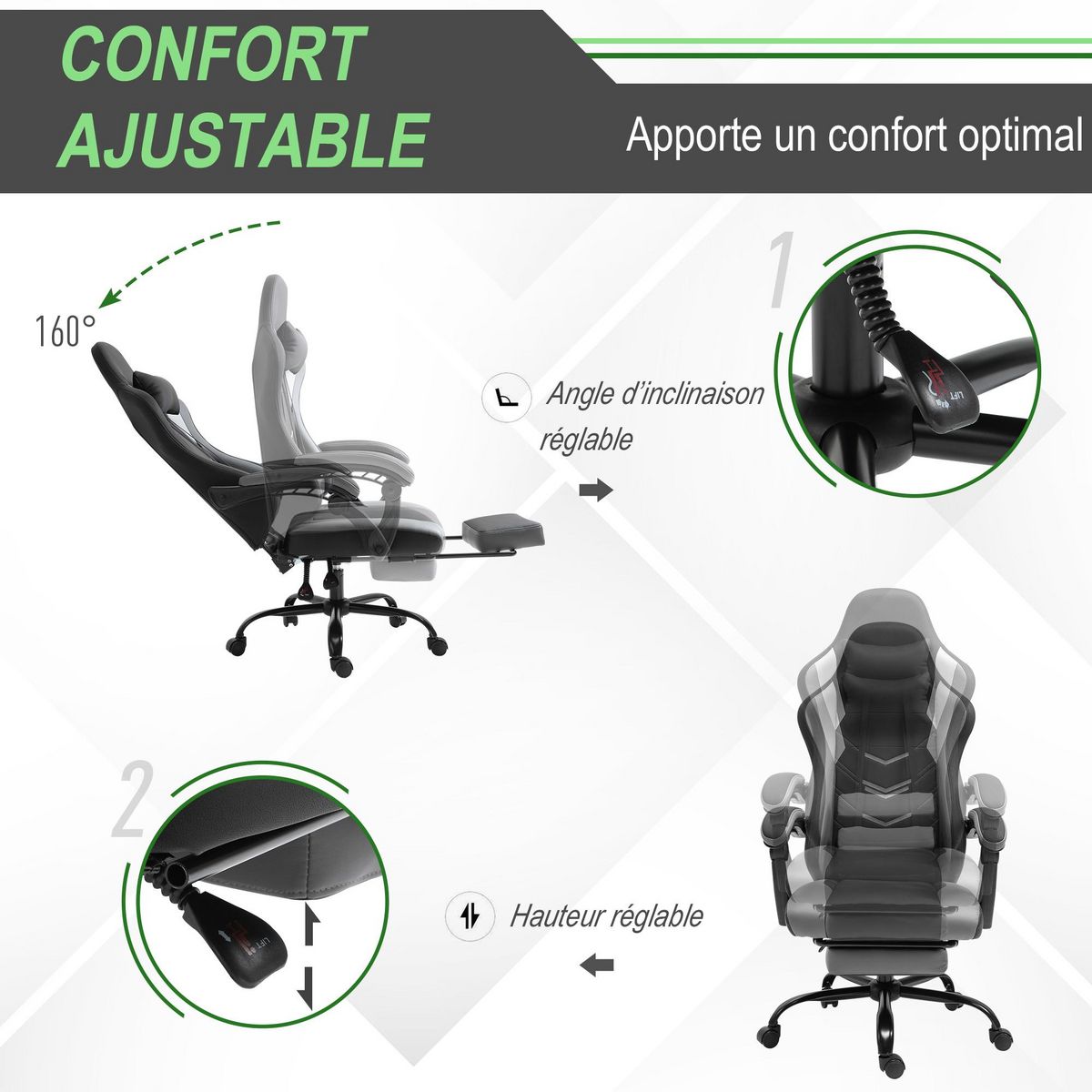 VINSETTO Vinsetto Fauteuil de bureau gamer style baquet racing - pivotant, inclinable - coussin lombaire, tétière, repose-pieds inclus - revêtement synthétique gris noir
