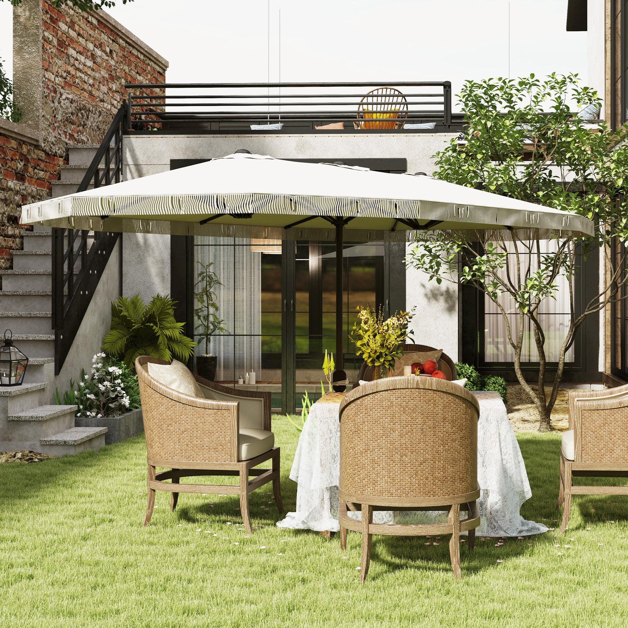 Voir la diapositive 2 : OUTSUNNY Parasol style bohème à franges XXL dim. 4,5 x 2,65 x 2,6 m ouverture fermeture manivelle métal tissu beige clair