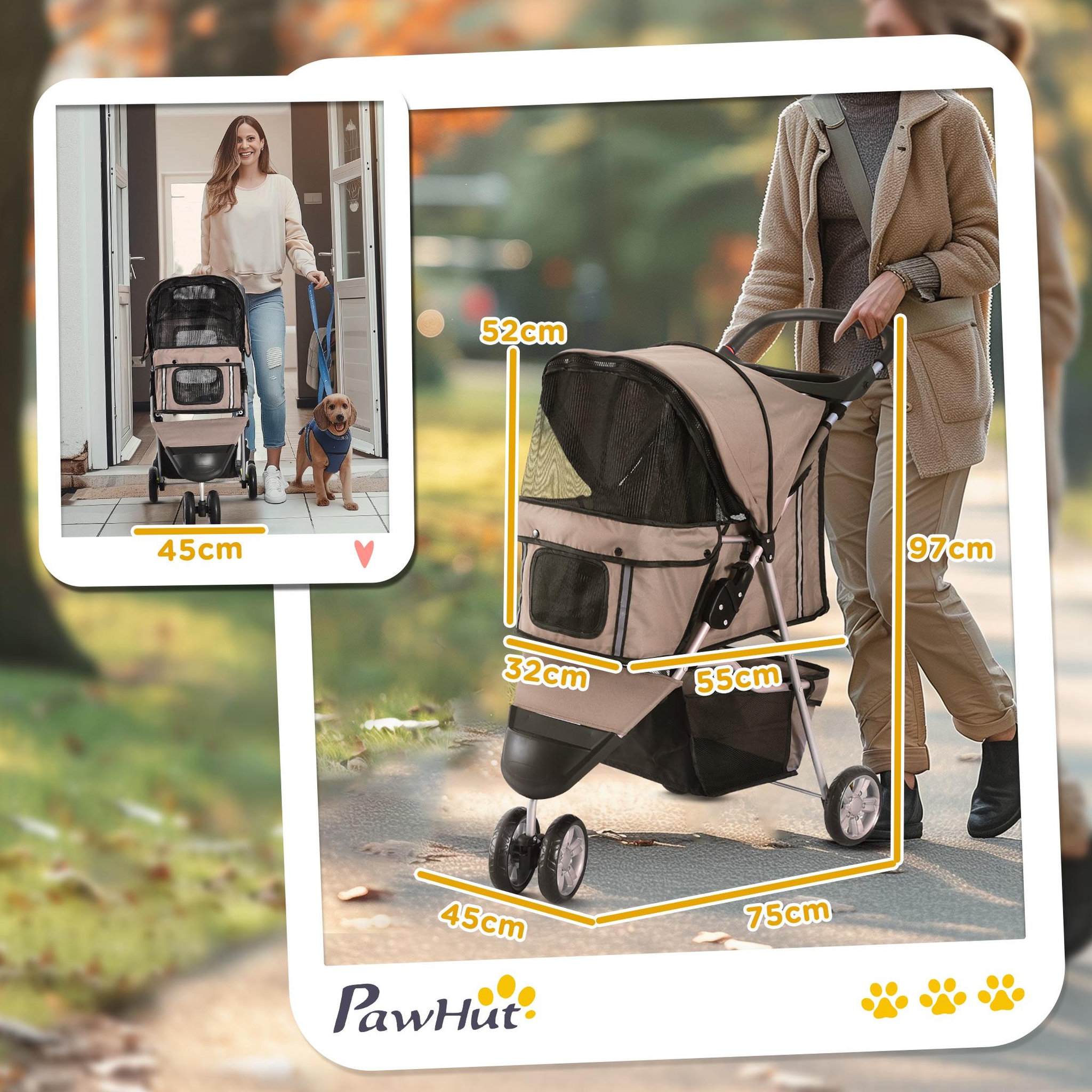 Voir la diapositive 3 : PAWHUT Poussette buggy pour chien chat animaux roue avant pivotante 360 degrés marron