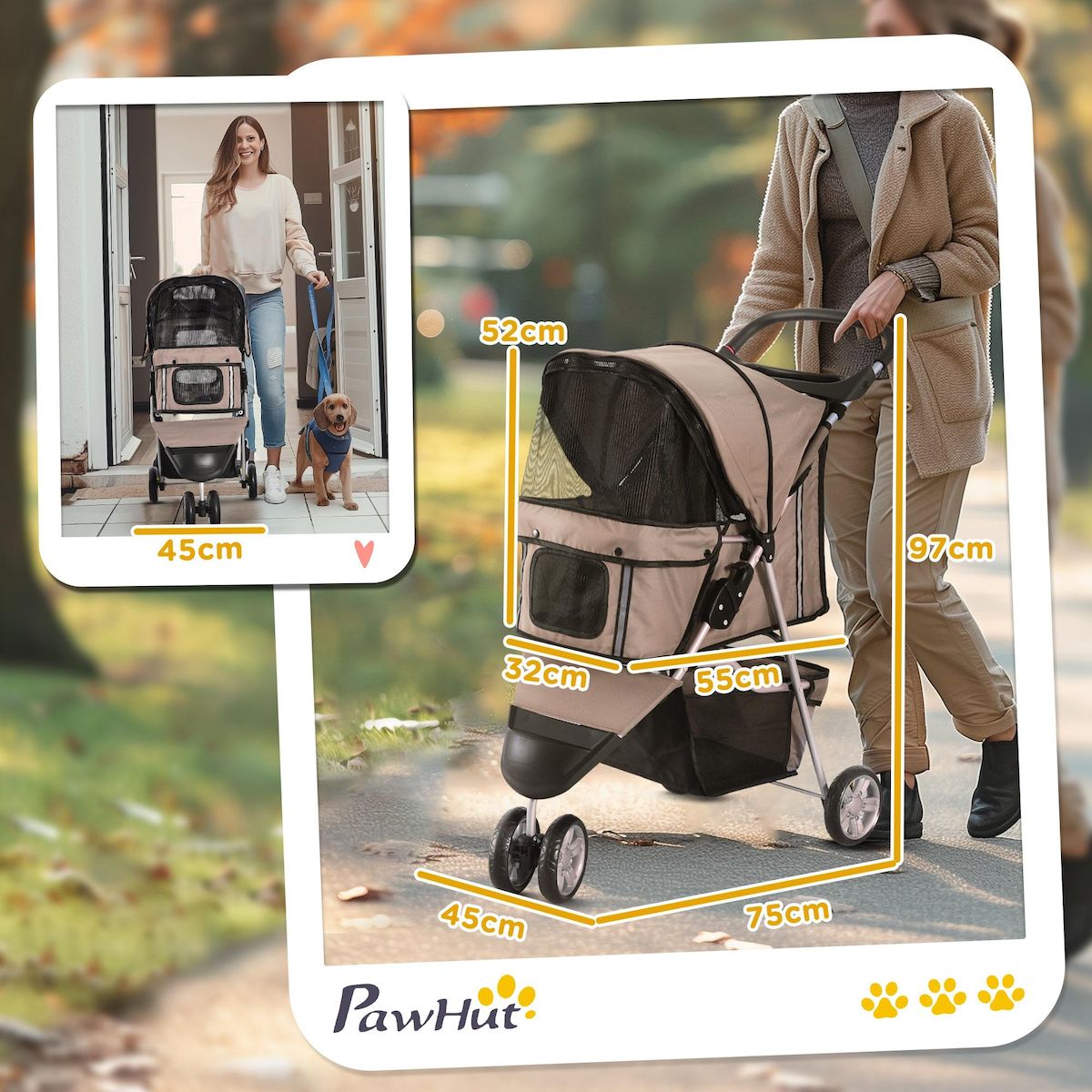 PAWHUT Poussette buggy pour chien chat animaux roue avant pivotante 360 degrés marron