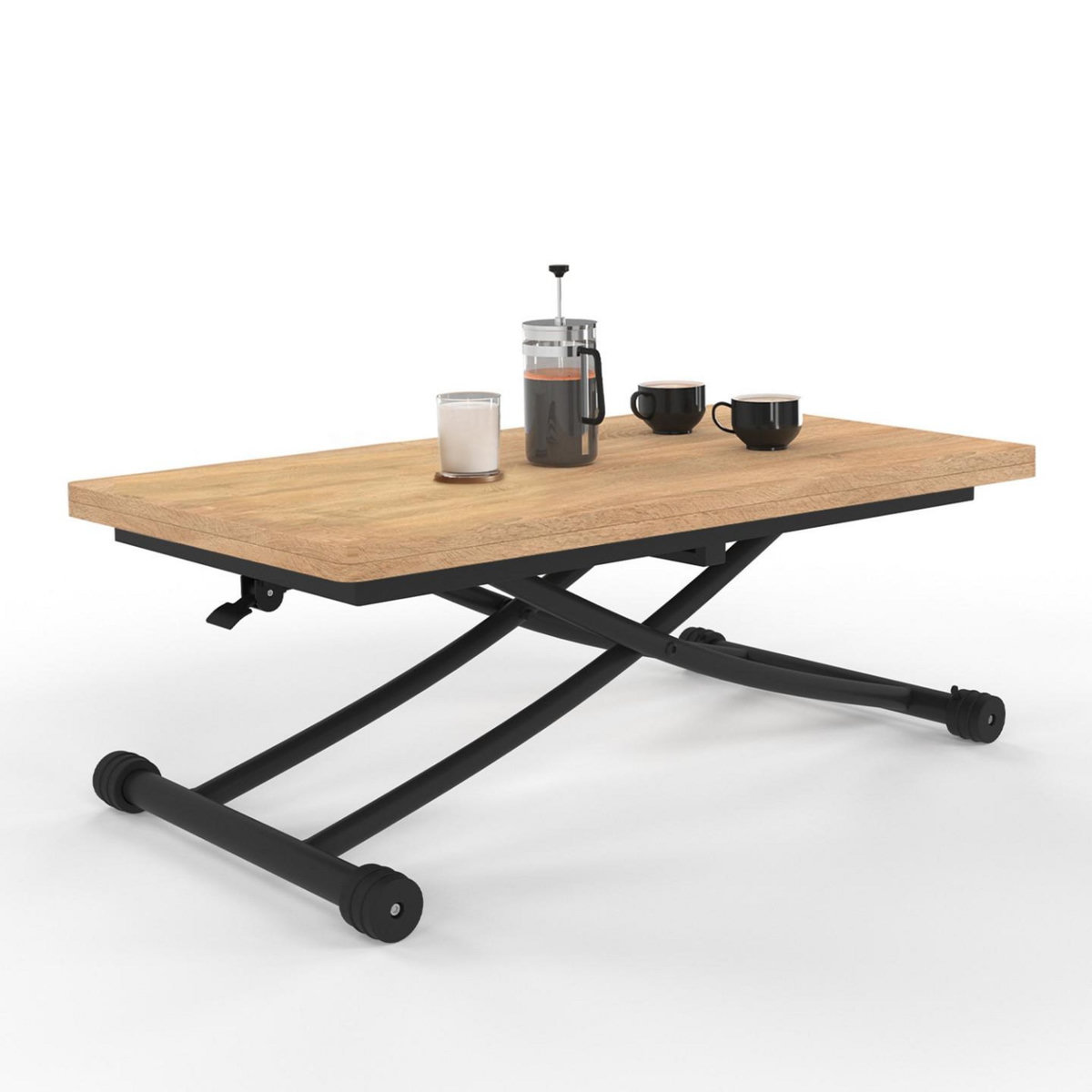ID MARKET Table basse extensible relevable en table à manger rectangulaire URBANA plateau façon hêtre pied noir design industriel