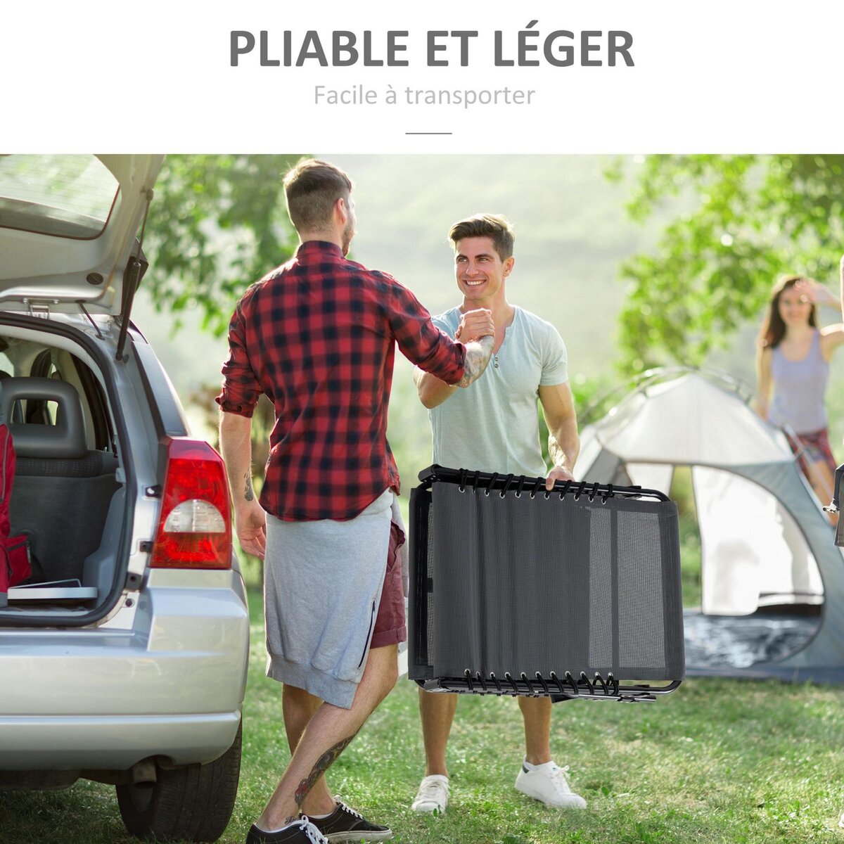 OUTSUNNY Bain de soleil transat pliable avec poignée - dossier inclinable multi-positions, pochette, tétière - acier époxy noir lacets élastiques textilène gris