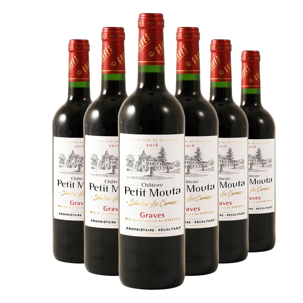 Lot de 6 bouteilles de Château Petit Mouta Graves Séléction les Carmes Rouge 2016