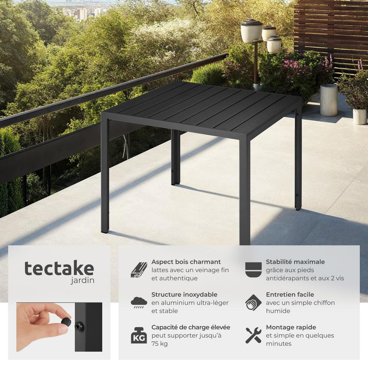tectake Table de jardin en aluminium et plastique noir