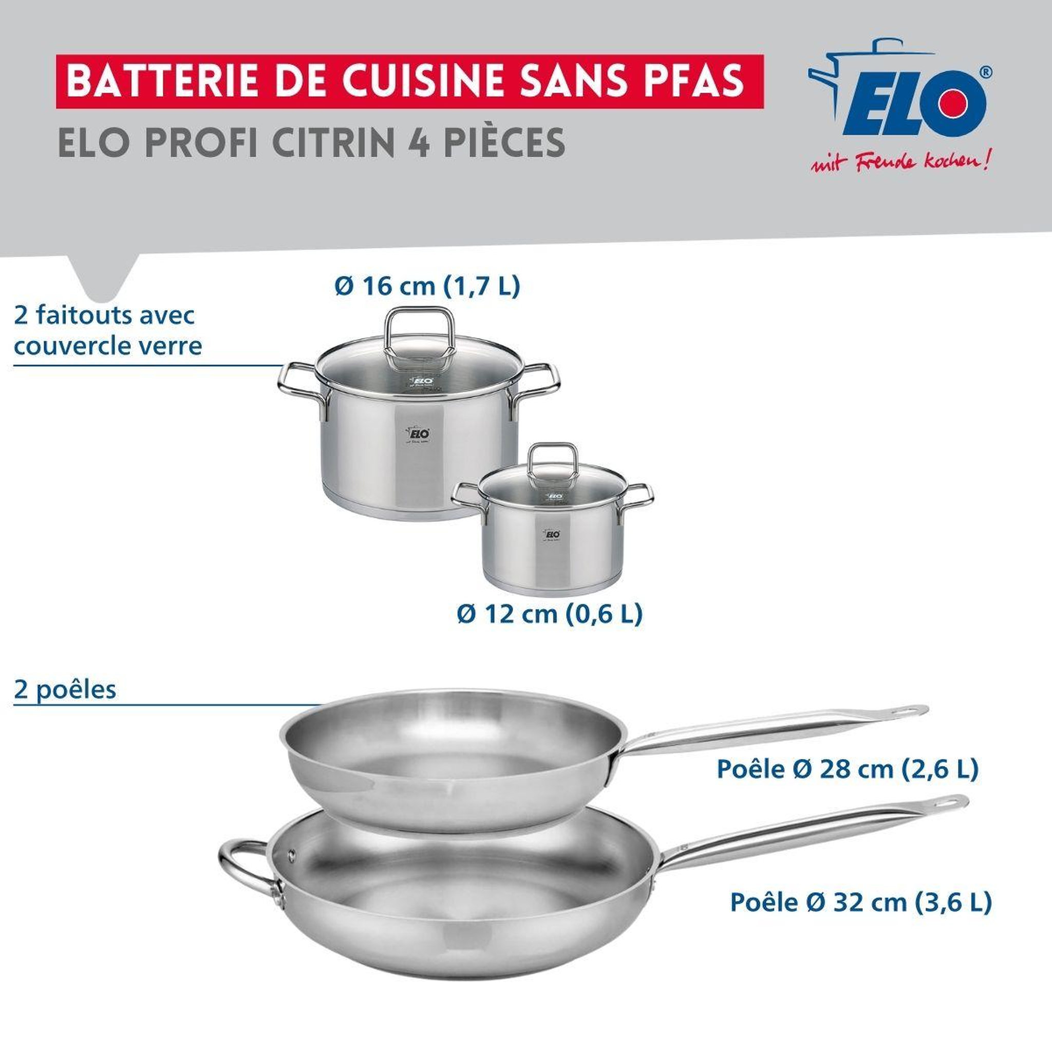 Voir la diapositive 2 : ELO Ensemble de 2 Poêles de cuisson 28 et 32 cm et 2 faitouts 12 et 16 cm Elo Profi Citrin