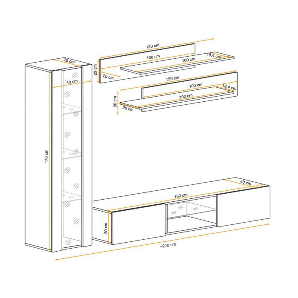Paris Prix Meuble TV Mural Design  Fly XIX  210cm Noir & Blanc