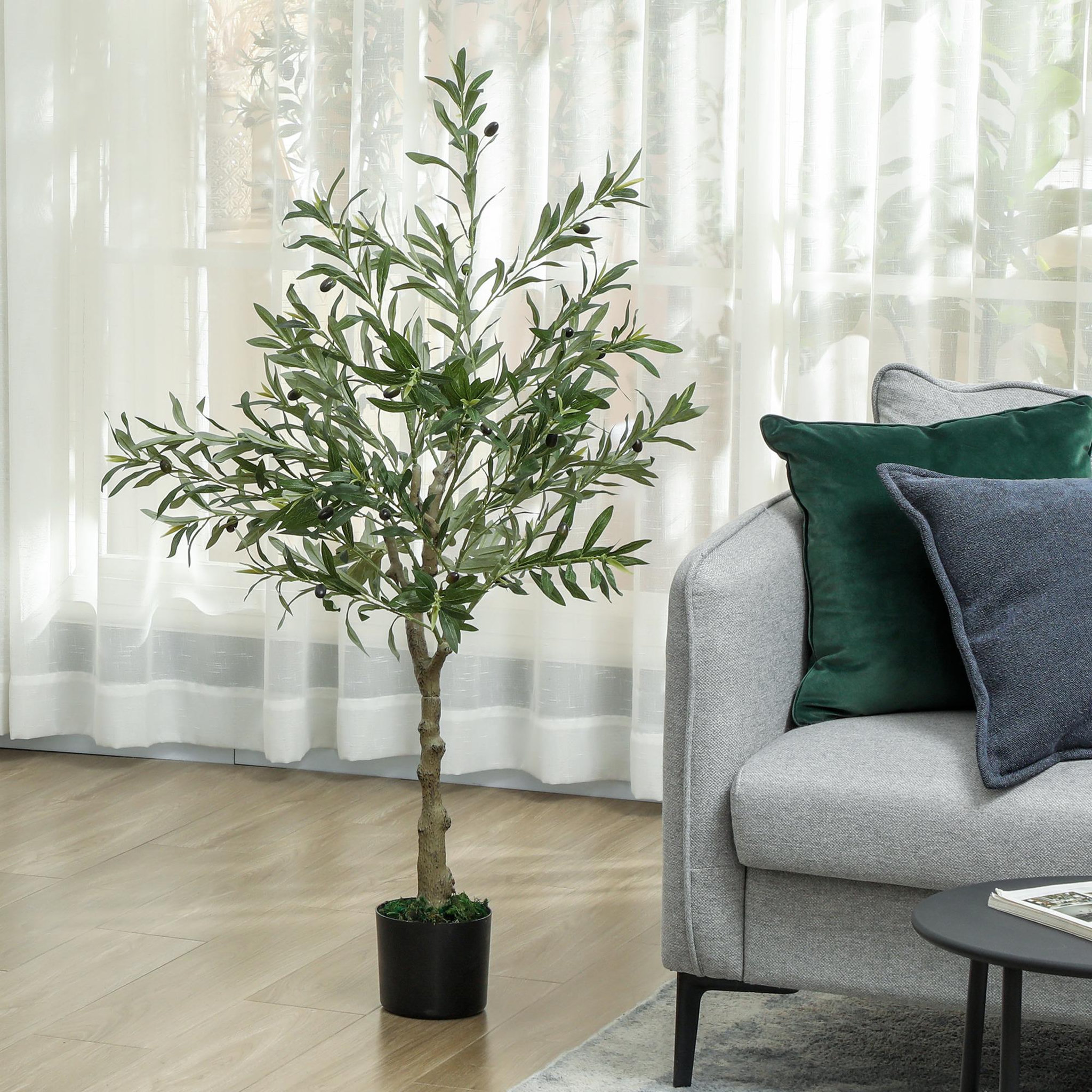 Voir la diapositive 2 : HOMCOM Olivier artificiel H.120 cm - grand réalisme - 450 feuilles en soie, 20 olives - mousse effet lichen pot inclus