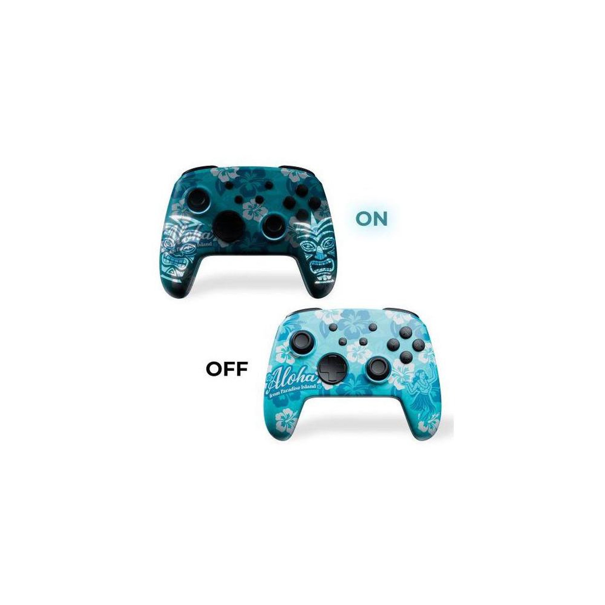 Voir la diapositive 4 : FREAKS AND GEEKS Manette sans fil RGB Aloha pour Nintendo Switch 1&2 et PC, thème floral tropical teal/bleu, boutons noirs et sticks analogiques