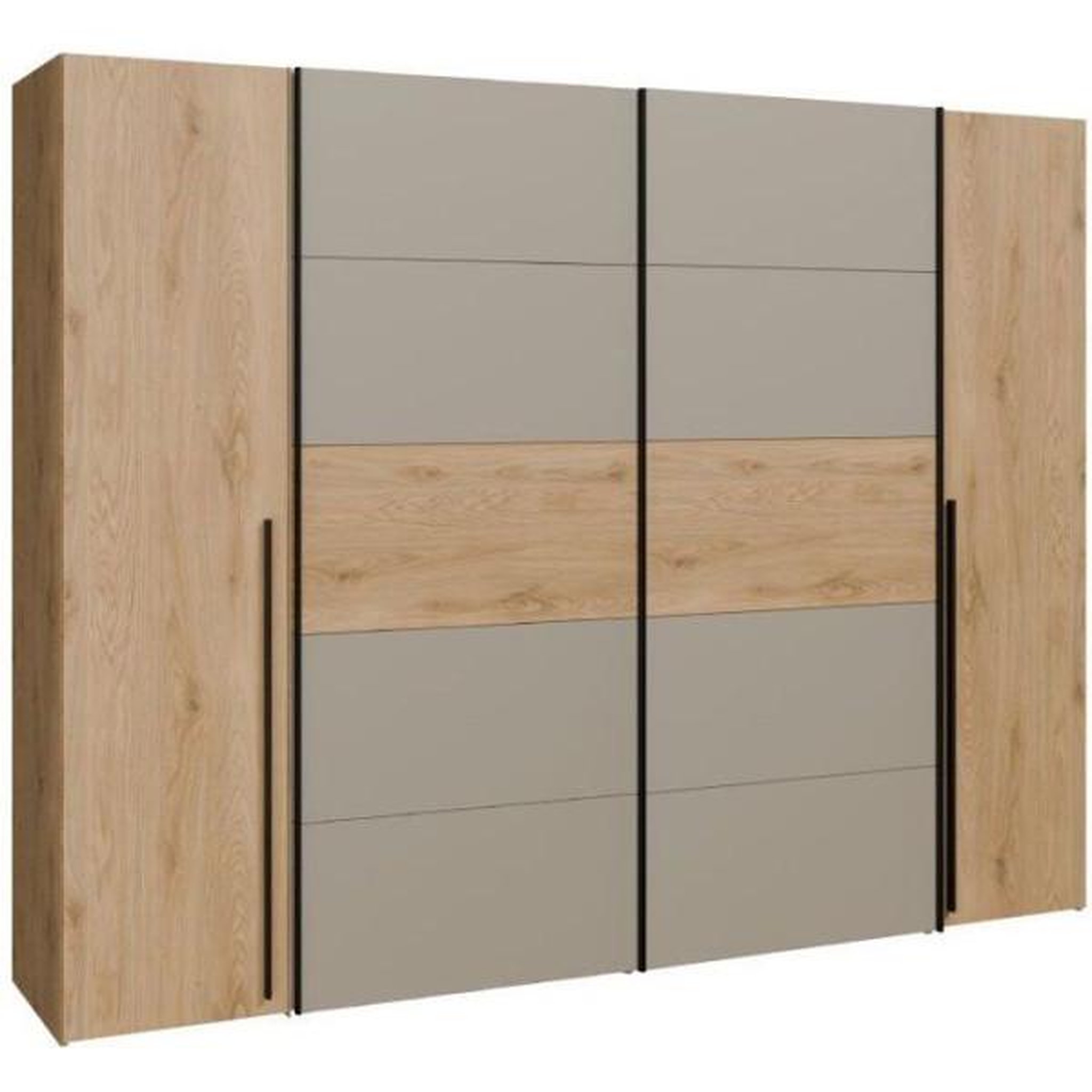 MARKET24 Armoire de chambre - NARAGO - Décor Chene et Taupe - 2 portes coulissantes + 2 portes battantes - L270 x P61 x H210 cm
