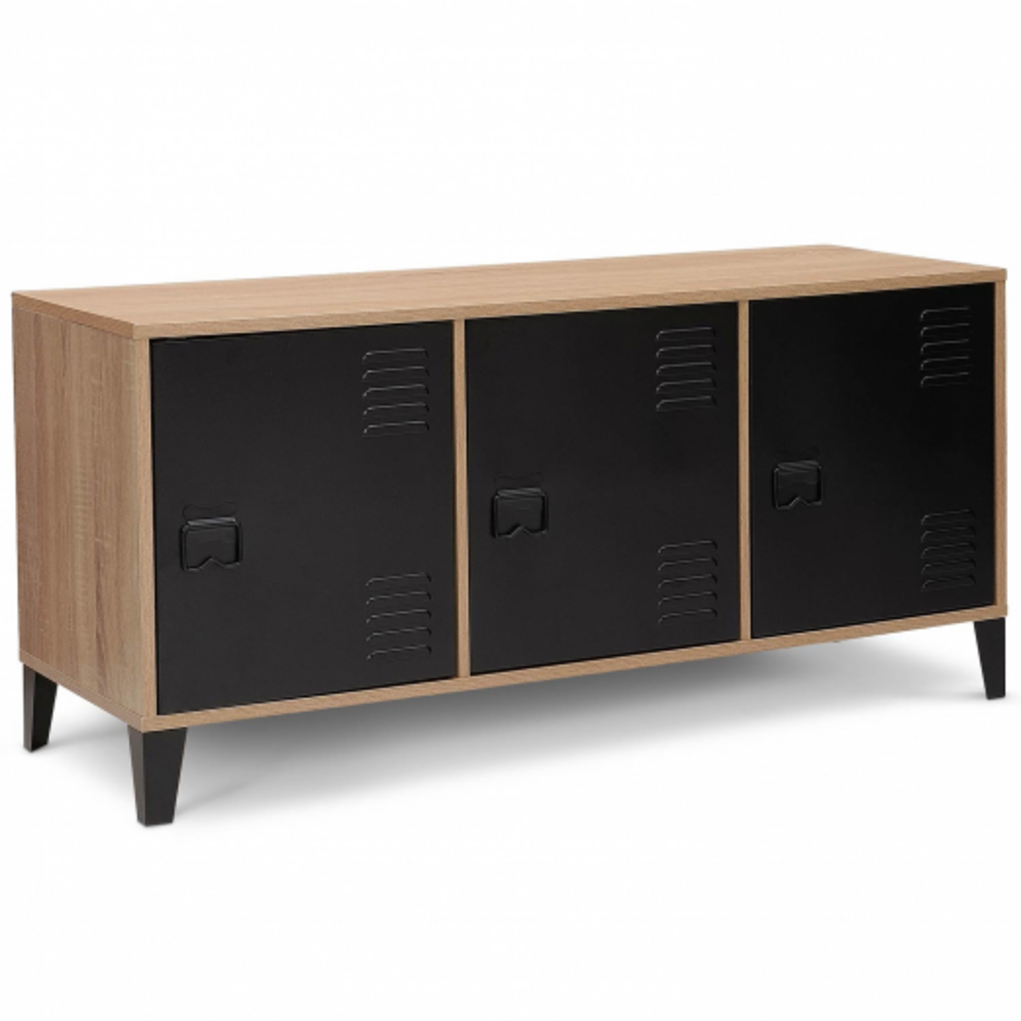 IDMarket Buffet Bas 140 Cm Ester 4 Portes - Style Industriel Noir Métal Et Plateau Bois Hêtre, Meuble Rangement Salon Cuisine Entrée