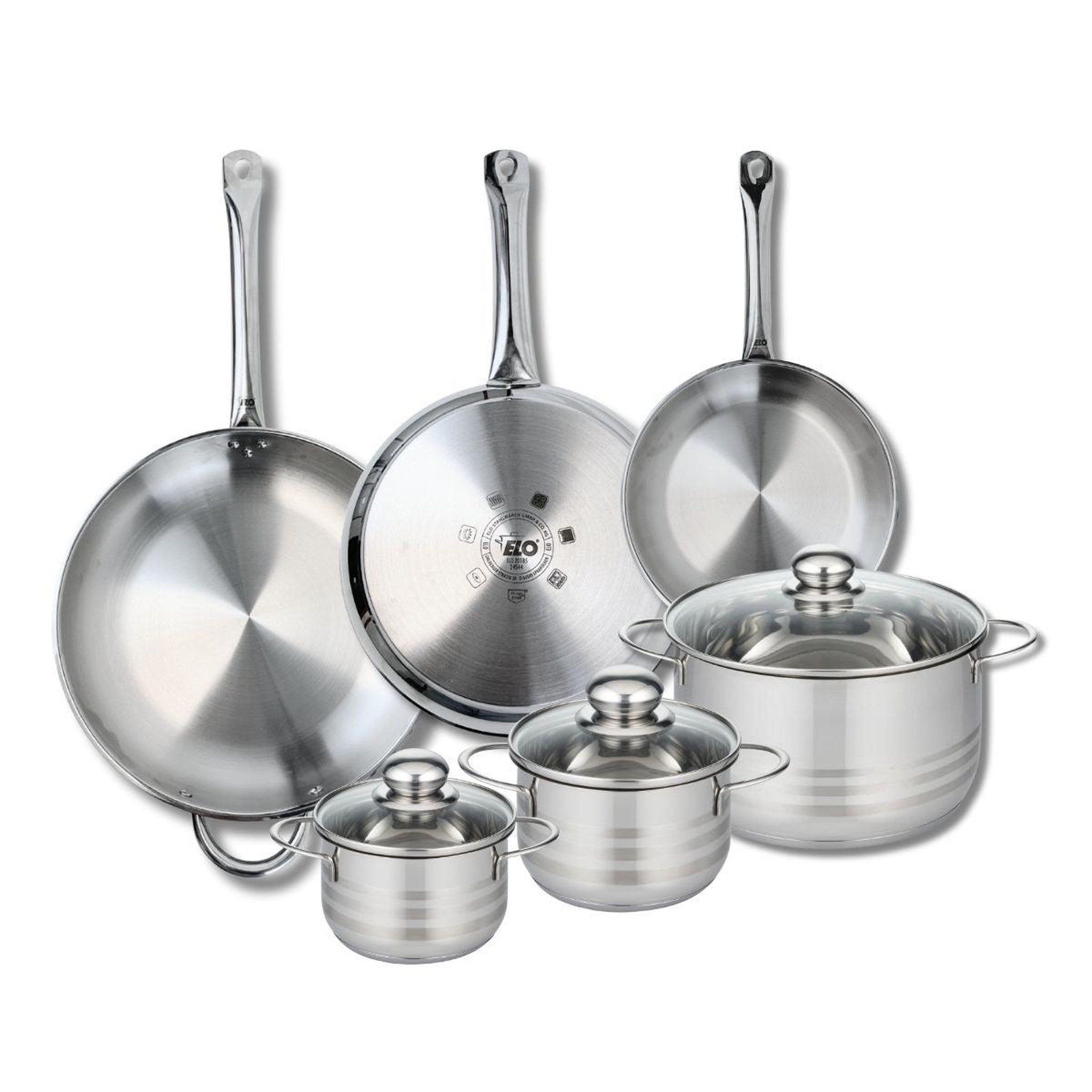 ELO Ensemble de 3 poêles de cuisson 24, 28 et 32 cm et 3 faitouts 14, 16 et 24 cm elo profi brillant
