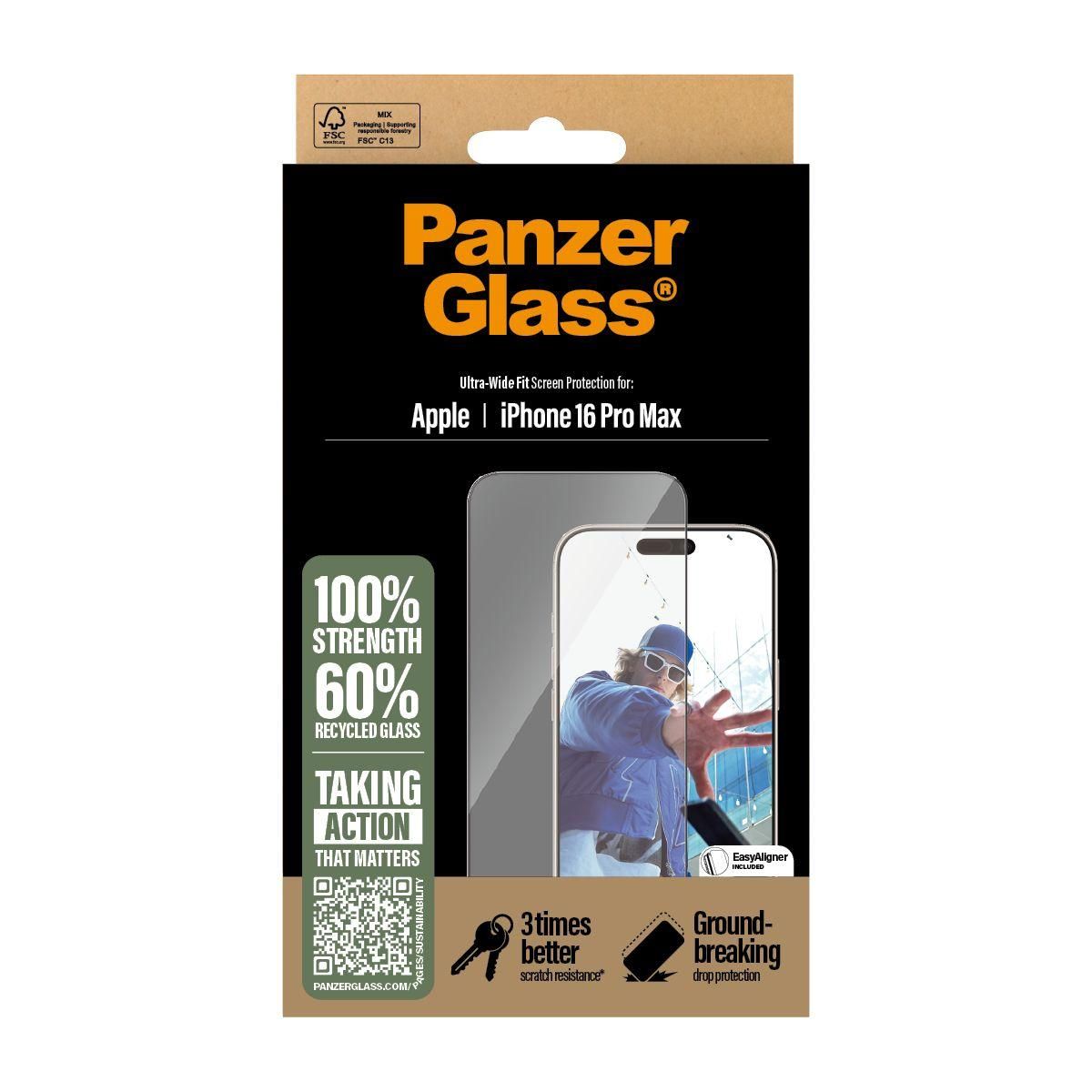 PANZERGLASS Protège écran iPhone 16 Pro Max verre trempé UWF