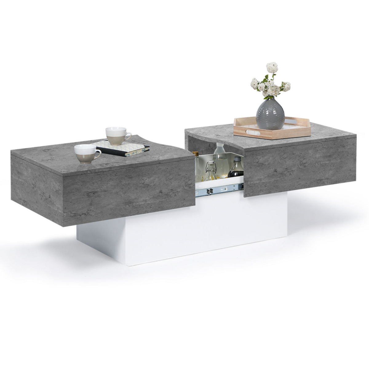 ID MARKET Table basse coulissante MARTA bois blanc et plateau effet béton