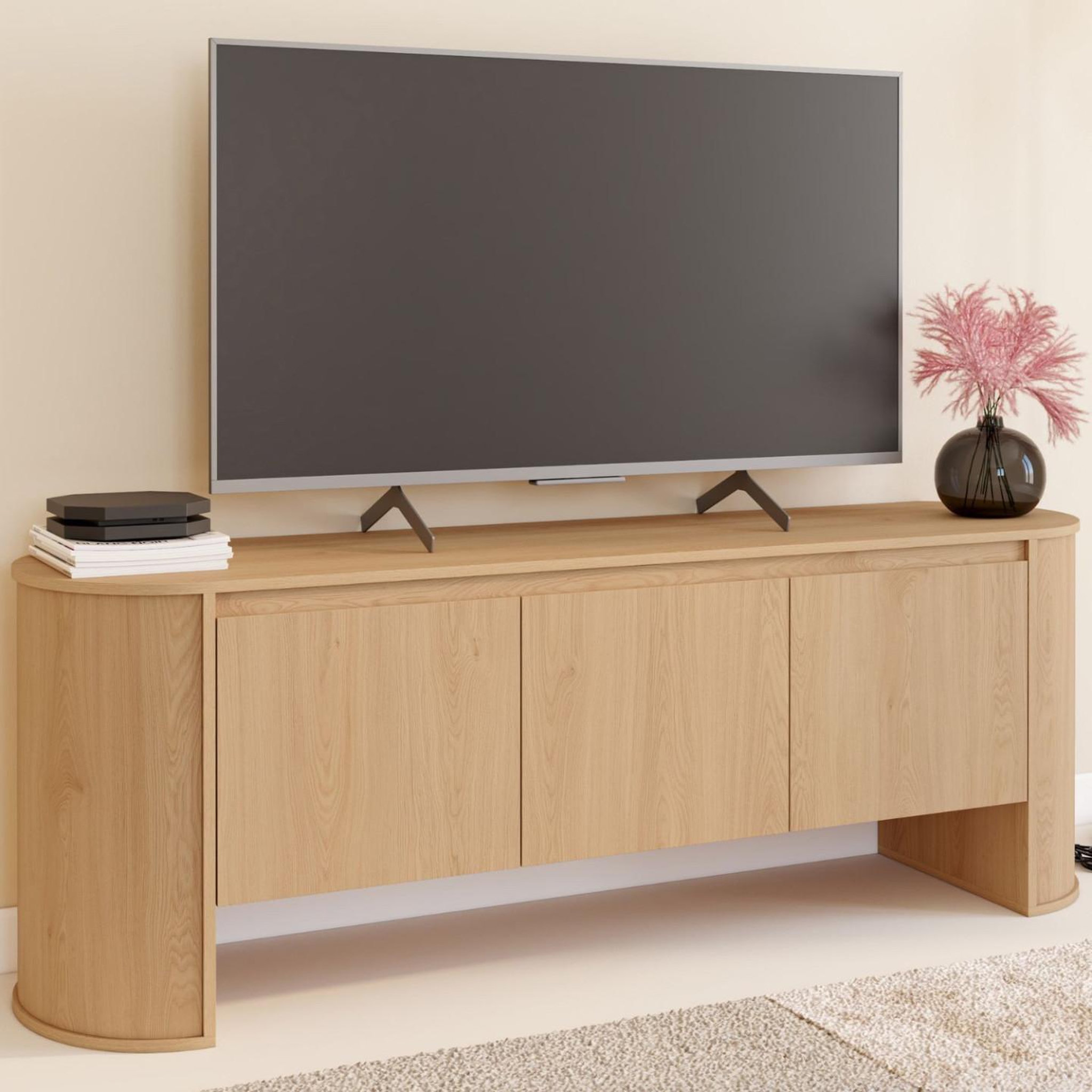 Voir la diapositive 2 : ID MARKET Meuble tv 140 cm divia 3 portes façon hêtre design arrondi