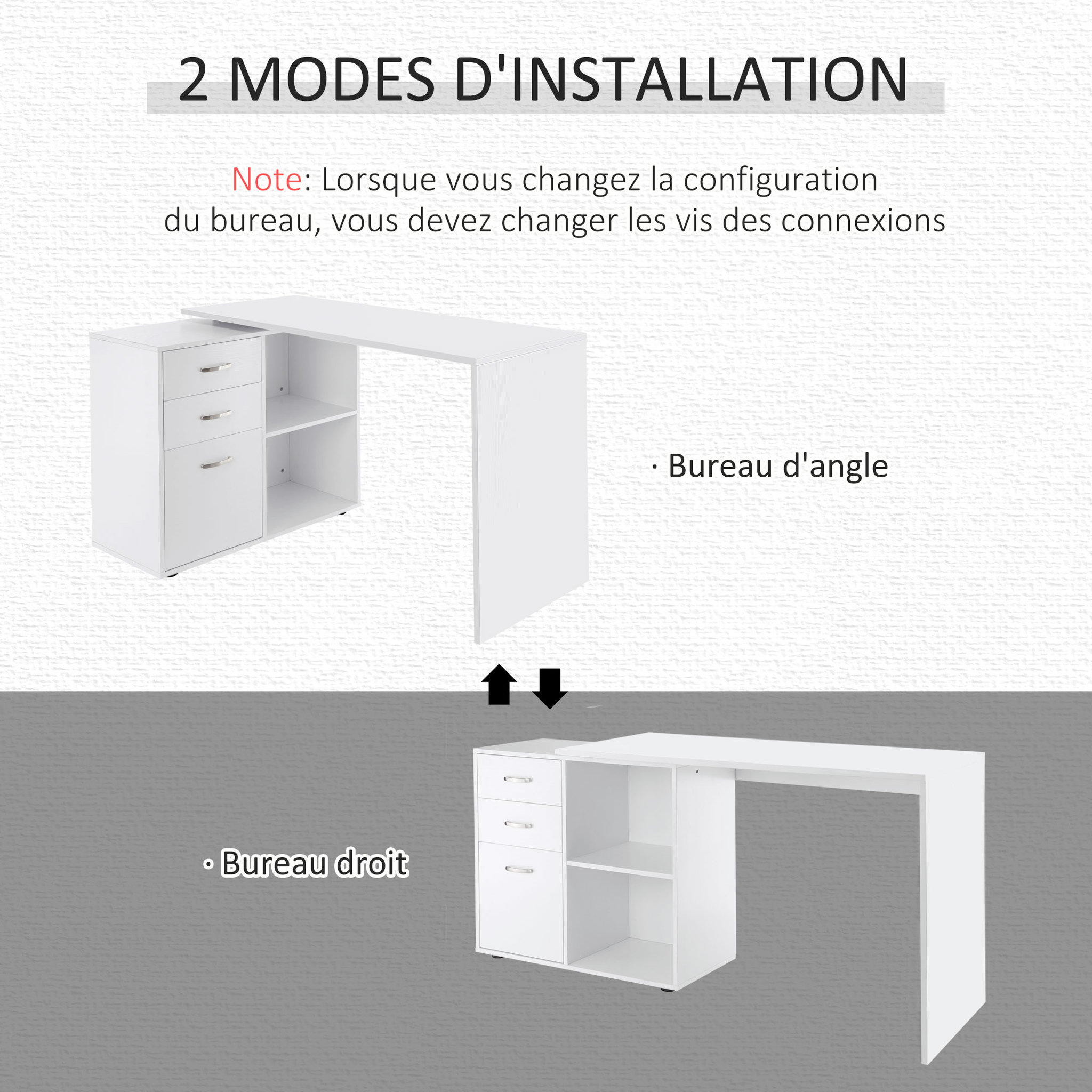 Voir la diapositive 5 : HOMCOM Bureau d'angle bureau droit modulable 2 en 1 bureau informatique tiroirs x 3 + 2 niches MDF blanc