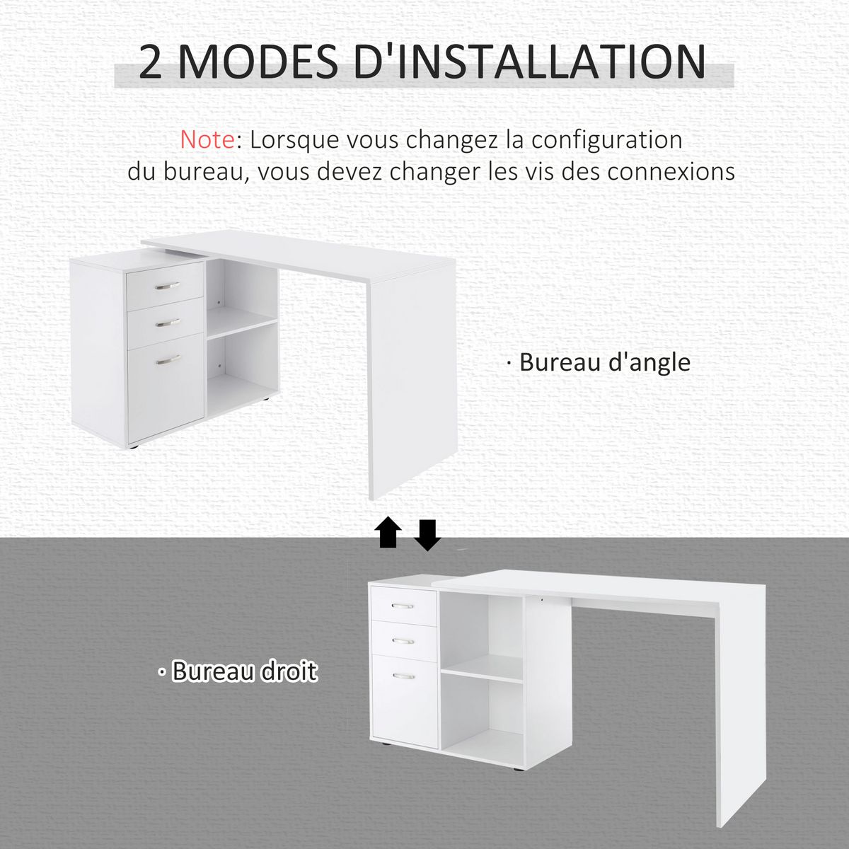 HOMCOM Bureau d'angle bureau droit modulable 2 en 1 bureau informatique tiroirs x 3 + 2 niches MDF blanc