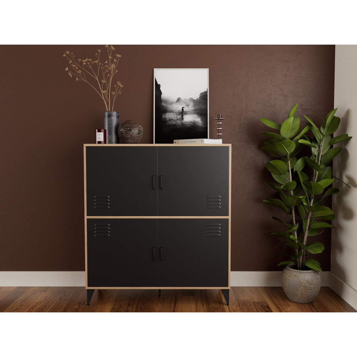BEST MOBILIER Tribeca - buffet haut - effet bois et métal noir - 2 portes - 100x112 cm