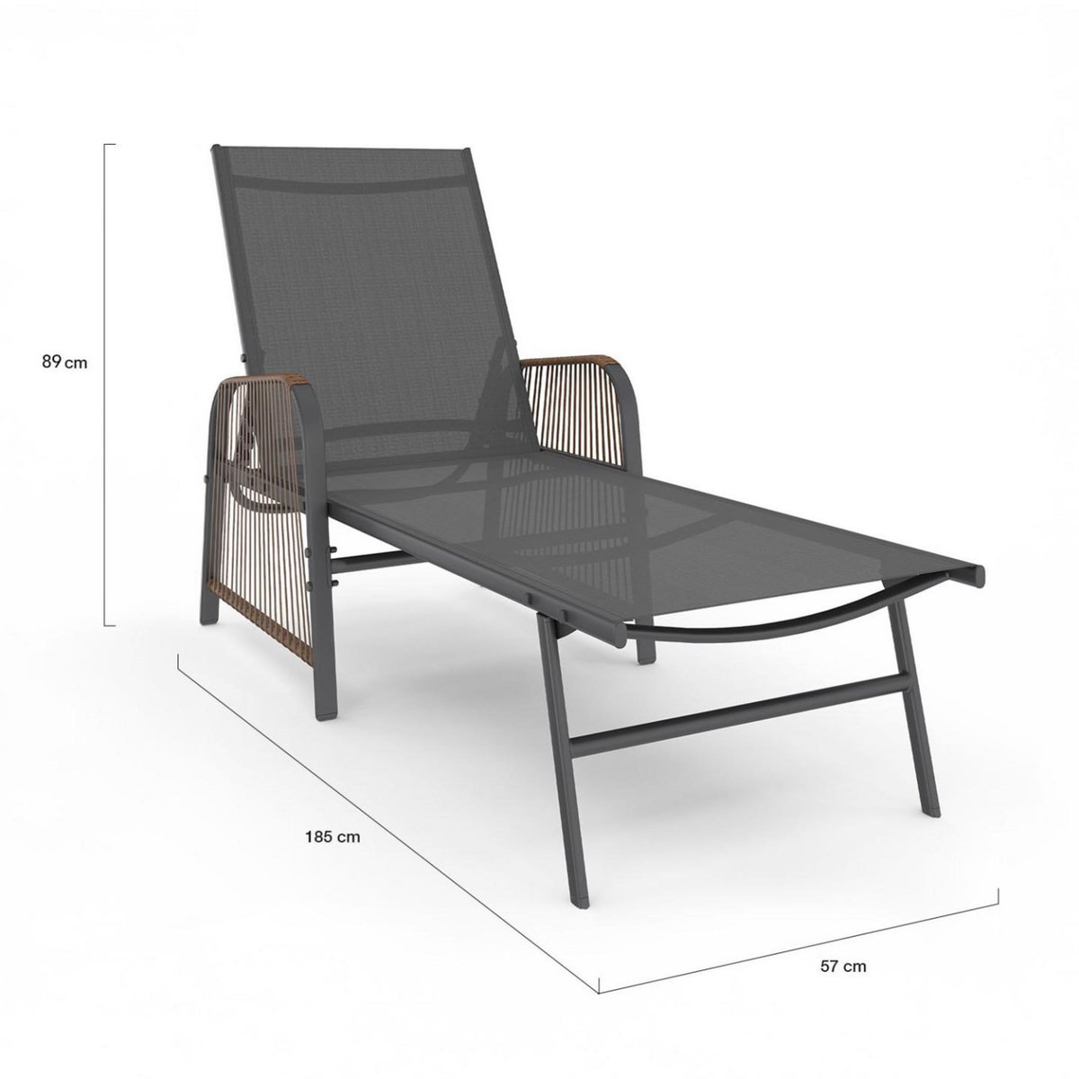 ID MARKET Lot de 2 transats de jardin inclinables RIO en acier gris anthracite, cordage effet rotin avec accoudoirs et toile grise