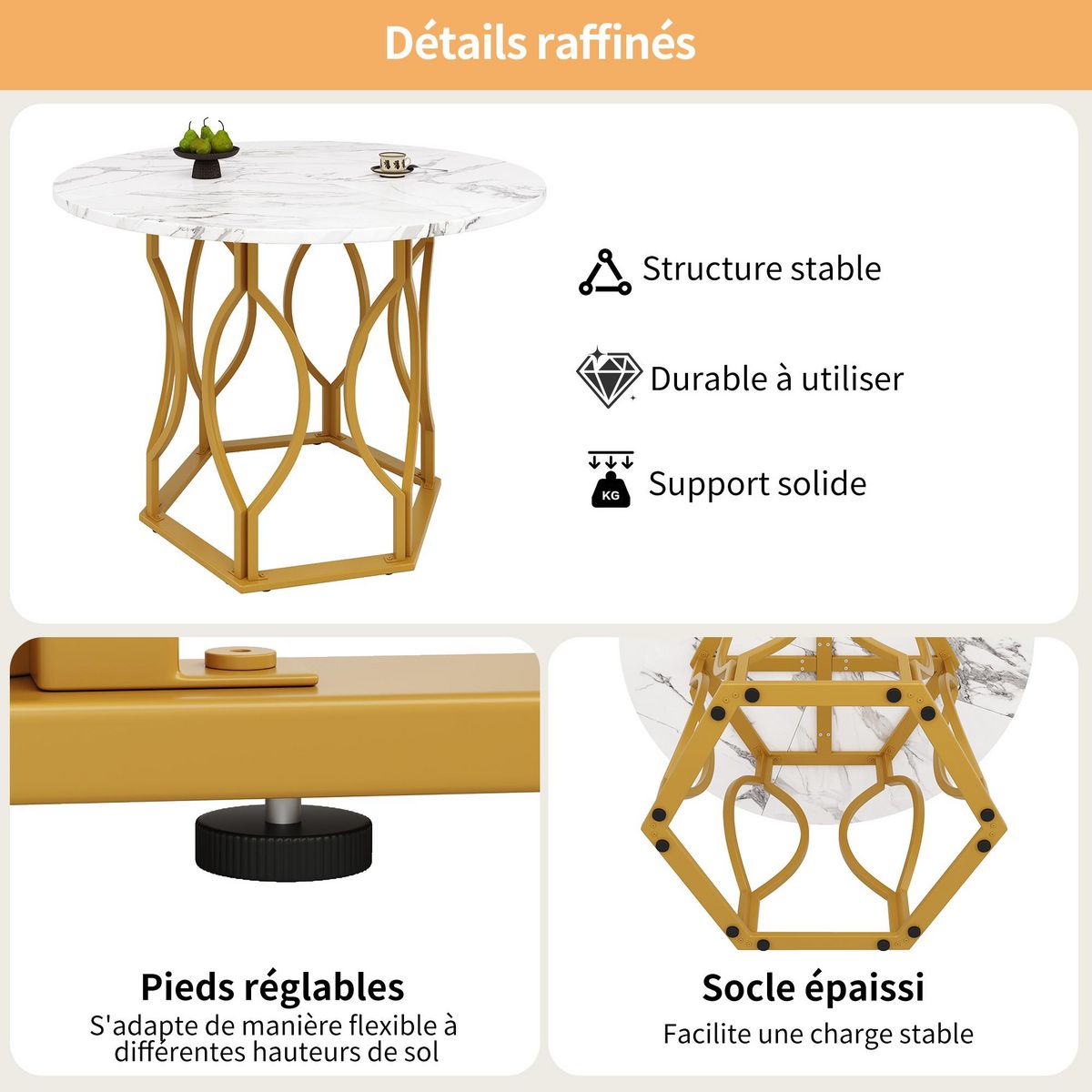 MERAX Table à manger ronde fixe blanc+doré - 100x100-100max.cm mdf et métal