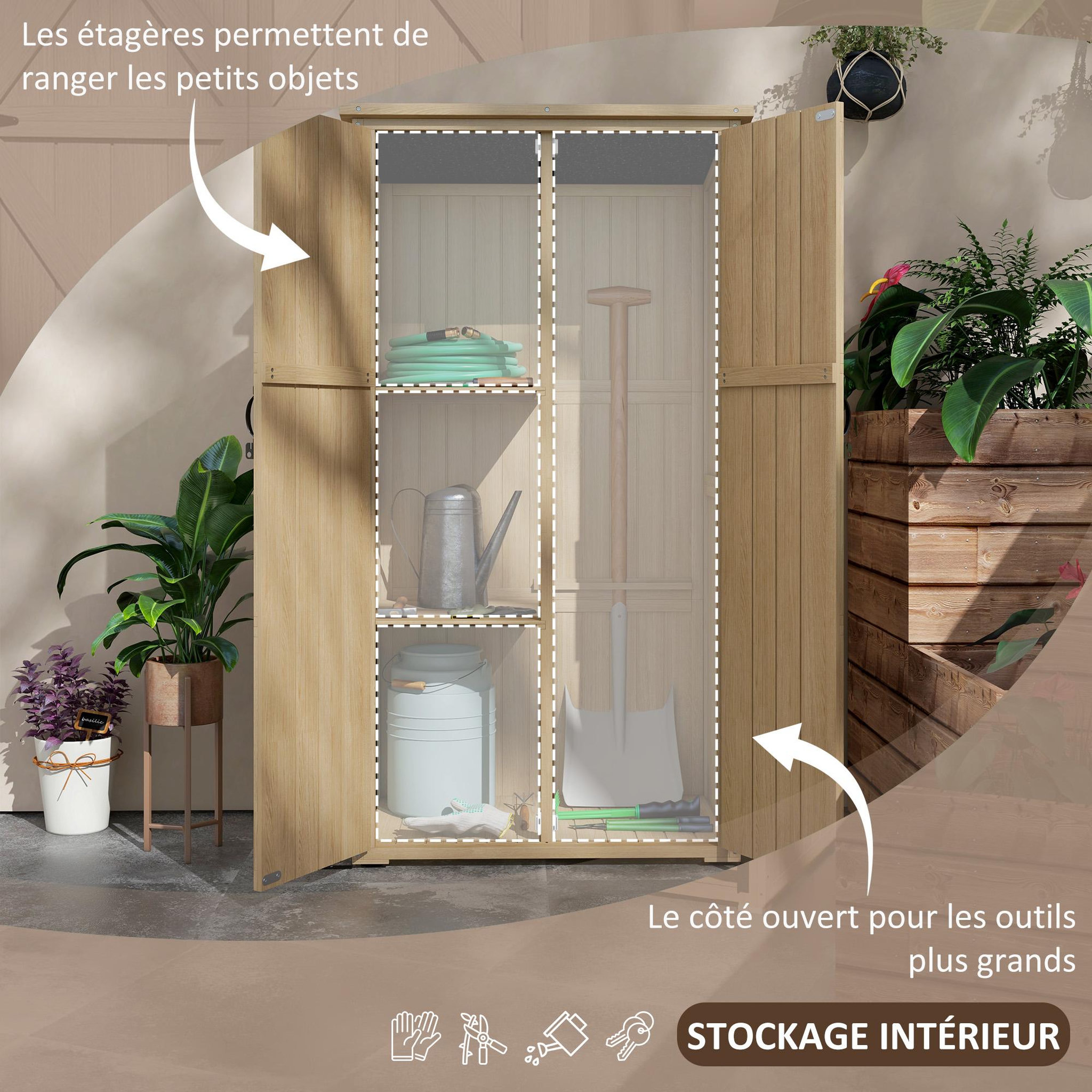 Voir la diapositive 4 : OUTSUNNY Armoire de jardin abri de jardin 2 portes croisillons 2 étagères toit bitumé bois sapin pré-huilé