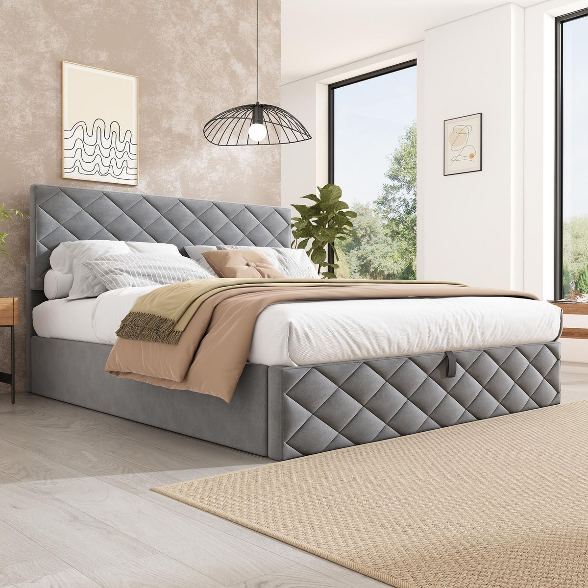 MERAX Lit coffre rembourré 140x200cm velours coloris gris