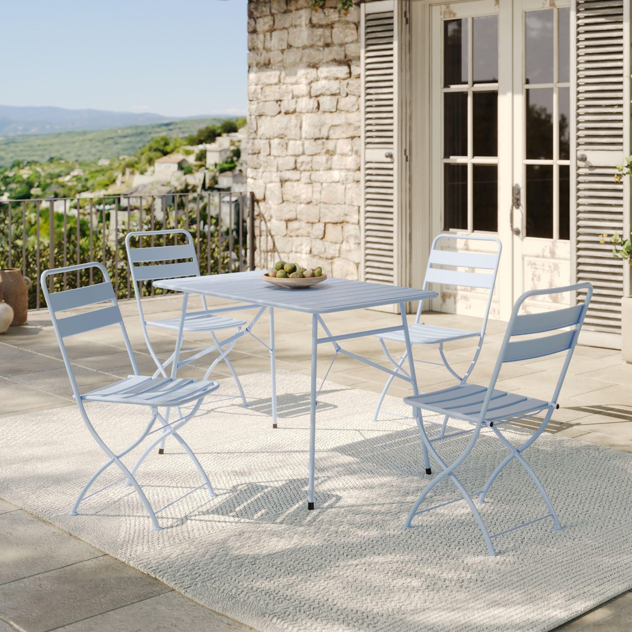Voir la diapositive 5 : MAISON PAVANE Lot de 2 chaises de jardin en métal bleu pastel, pliantes-yumi