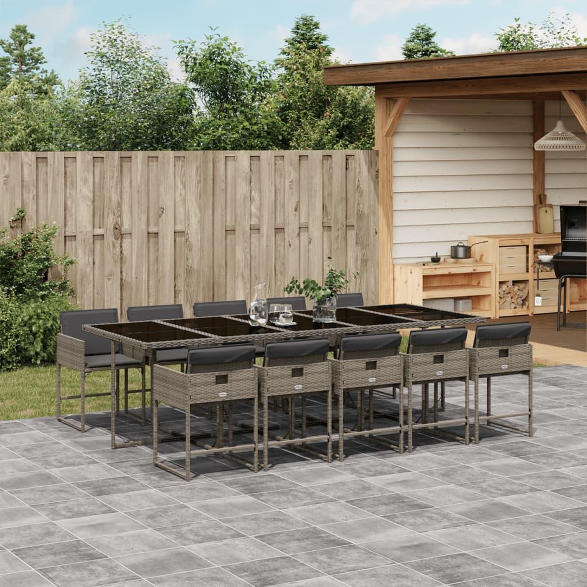 Voir la diapositive 1 : VIDAXL Ensemble a manger de jardin 11pcs avec coussins gris poly rotin