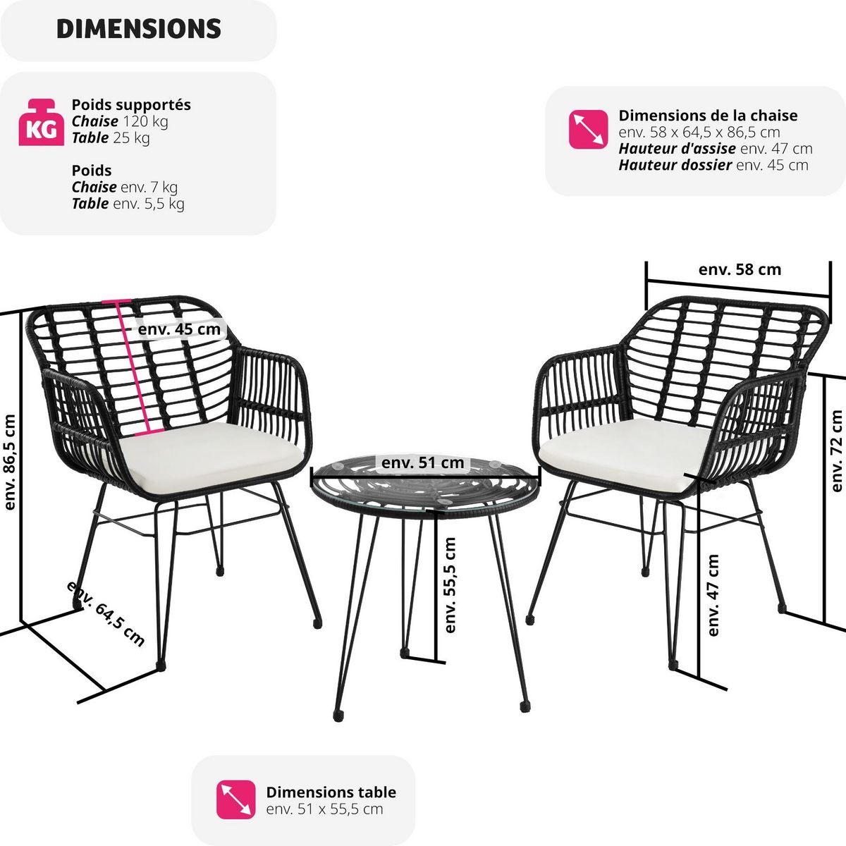 tectake Salon de jardin pour 2 personnes noir