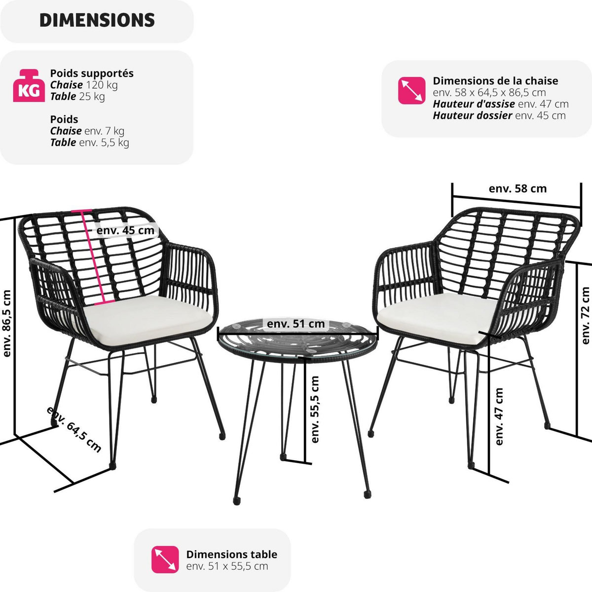 tectake Salon de jardin pour 2 personnes noir