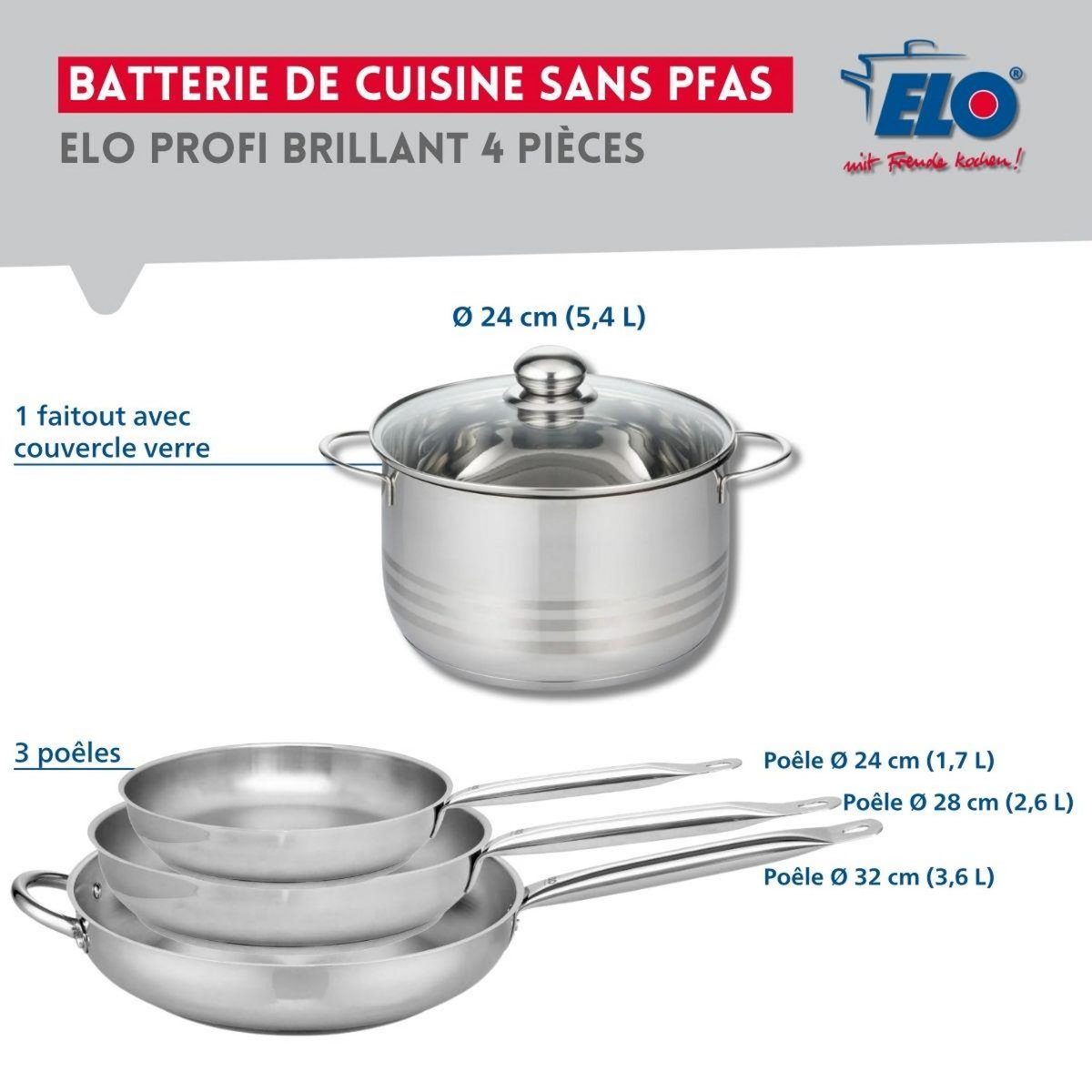 666 Barcelona Ensemble de 3 Poêles de cuisson 24, 28 et 32 cm et 1 faitout 24 cm Elo Profi Brillant