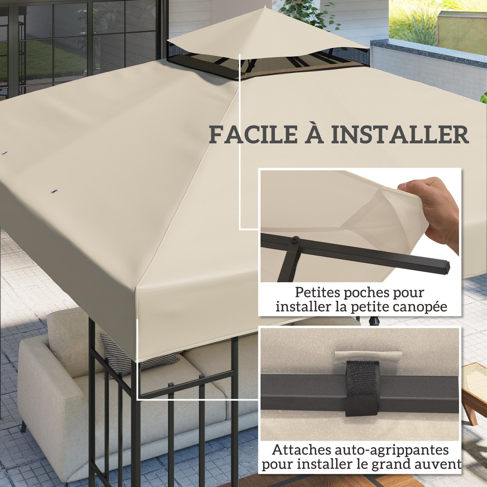 Voir la diapositive 4 : OUTSUNNY Toile de rechange barnum tonnelle 3 x 3 m - toit double avec œillets drainage - polyester haute densité 370 g/m² beige