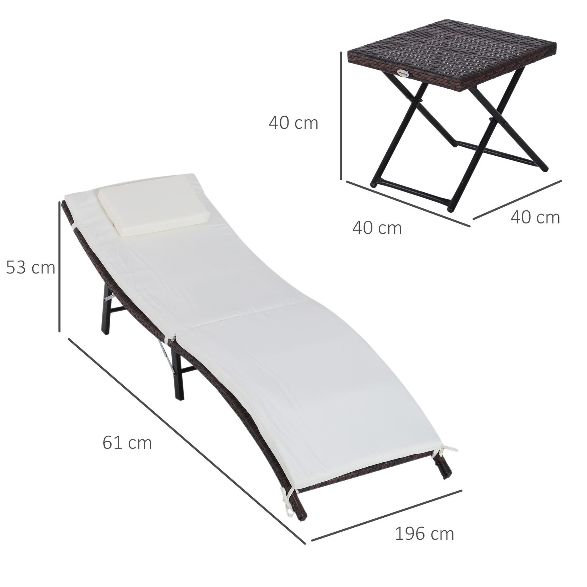 Voir la diapositive 3 : OUTSUNNY Lot de 2 transats bains de soleil pliables grand confort : matelas, têtière + table basse résine tressée chocolat