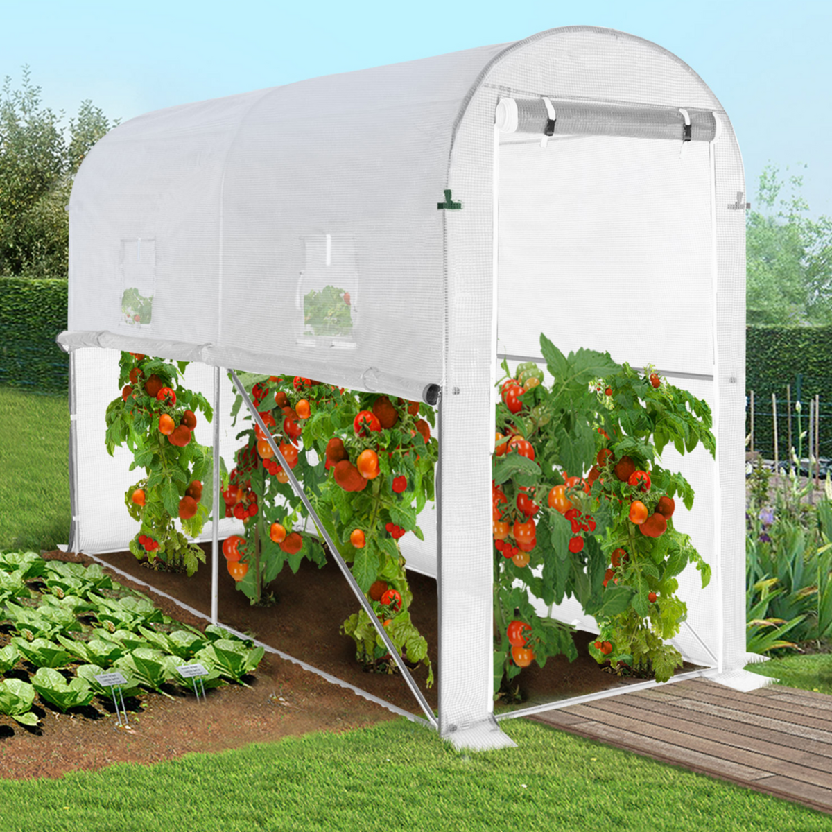 ID MARKET Serre à tomates relevable 3m² blanche 2 fenêtres avec moustiquaire et porte zippée