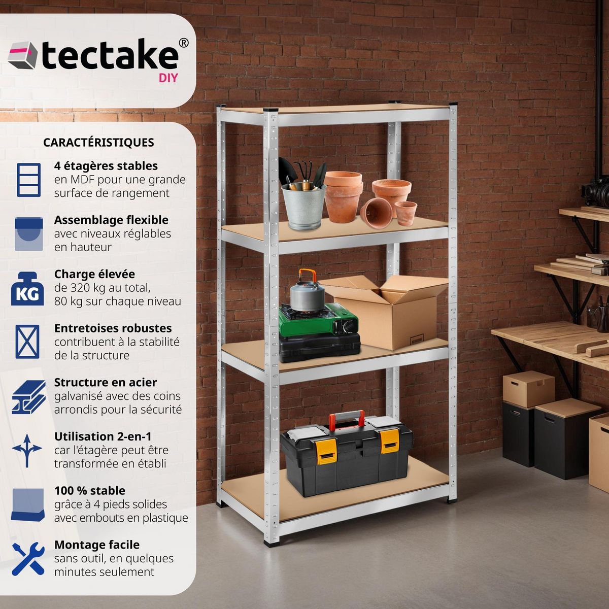 tectake Étagère pour charges lourdes structure en acier galvanisé argent 160 x 80 x 40 cm, 320 kg