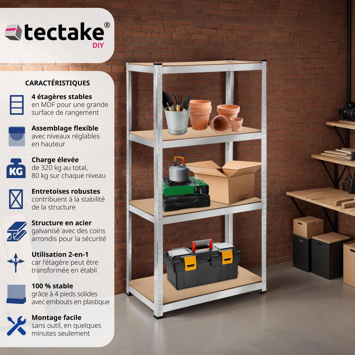 tectake Étagère pour charges lourdes structure en acier galvanisé argent 160 x 80 x 40 cm, 320 kg