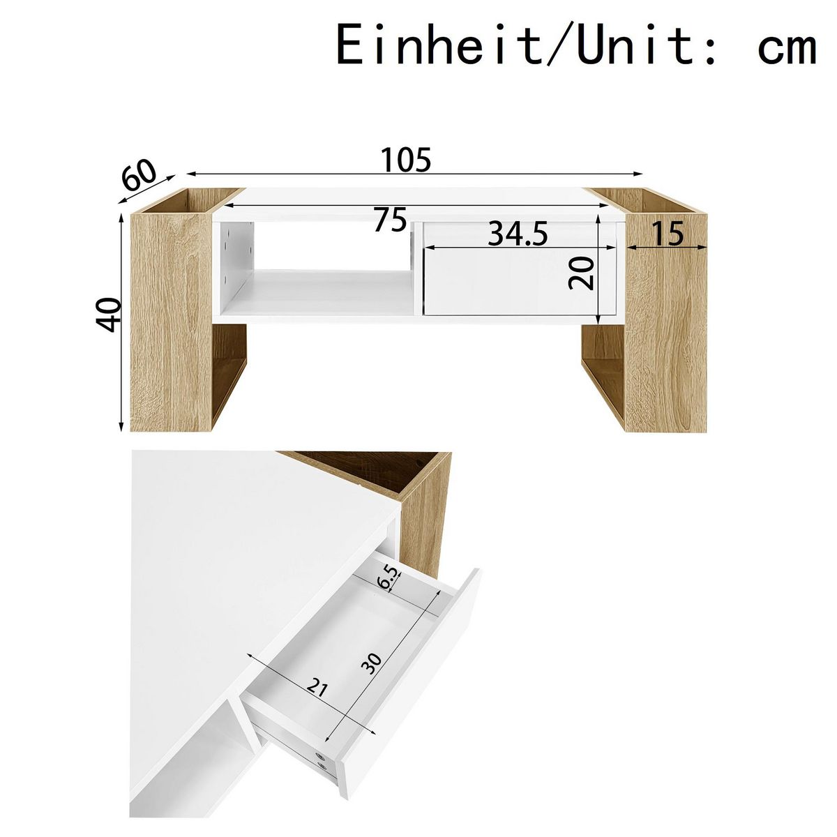 MERAX Table Basse Avec 1 Tiroir Et 1 Nich Imitation Chêne + Blanc