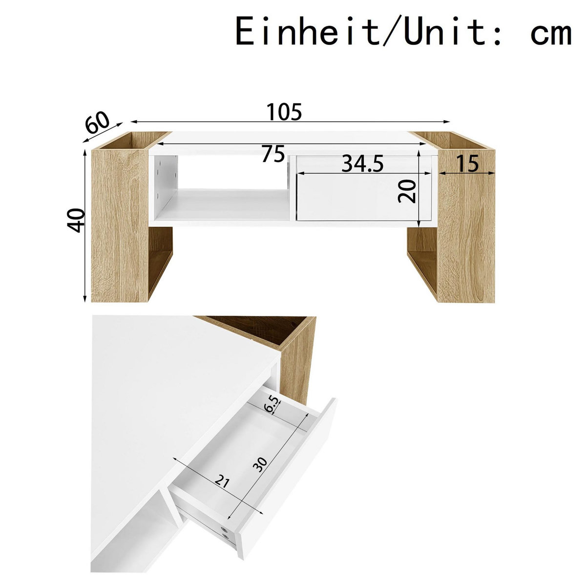 MERAX Table Basse Avec 1 Tiroir Et 1 Nich Imitation Chêne + Blanc