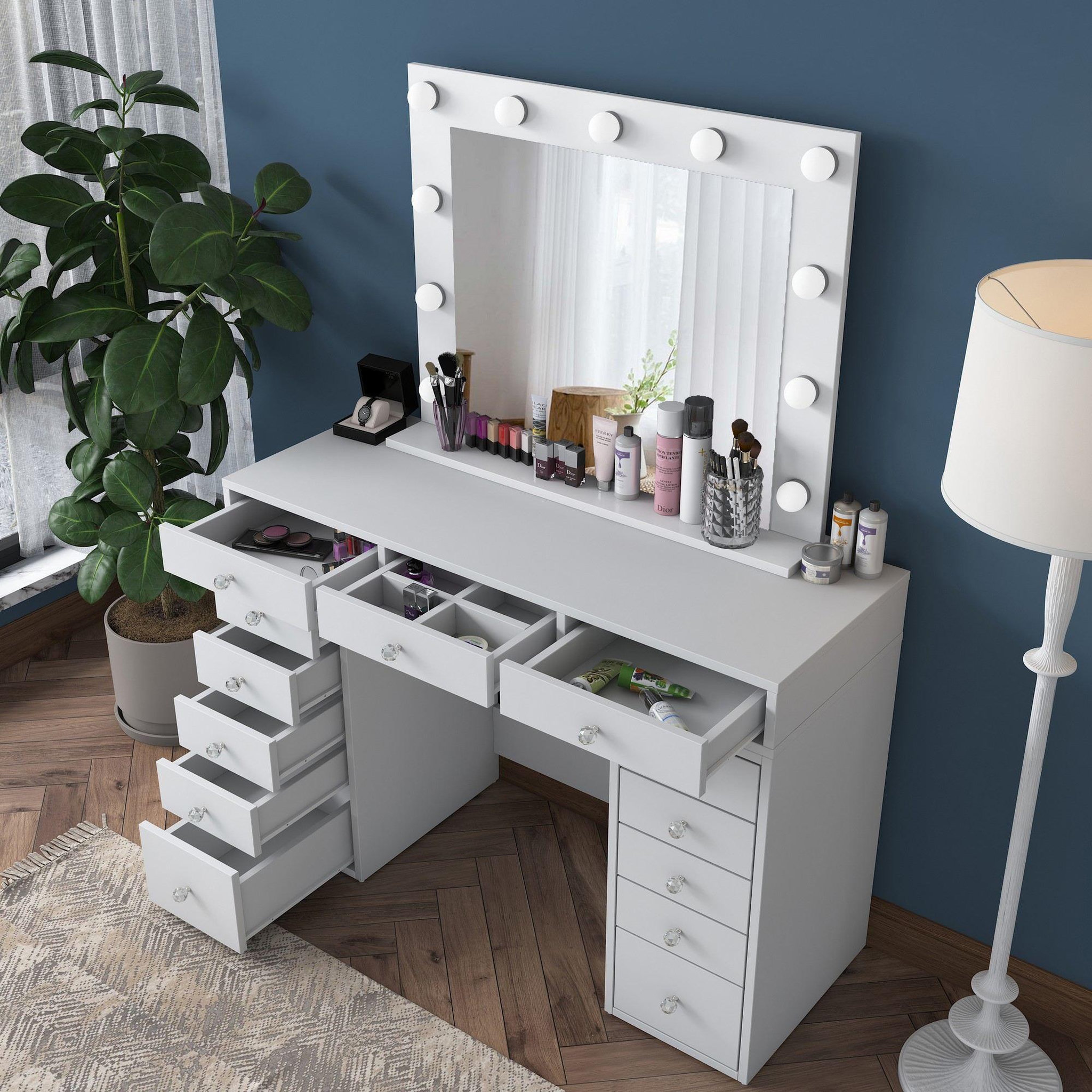 Voir la diapositive 2 : Habitat et Jardin Coiffeuse avec miroir en bois  sirma  - 120 x 44 x 82 cm - blanc