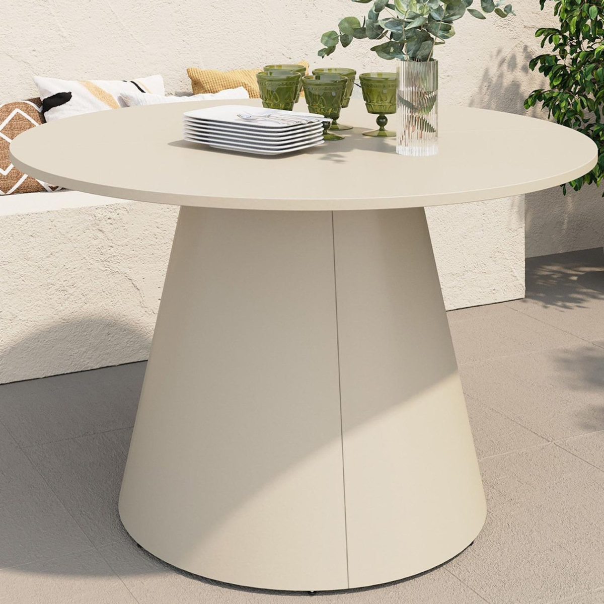 ID MARKET Table de jardin ronde AMELIA 120 CM 6 personnes avec pied central en métal beige