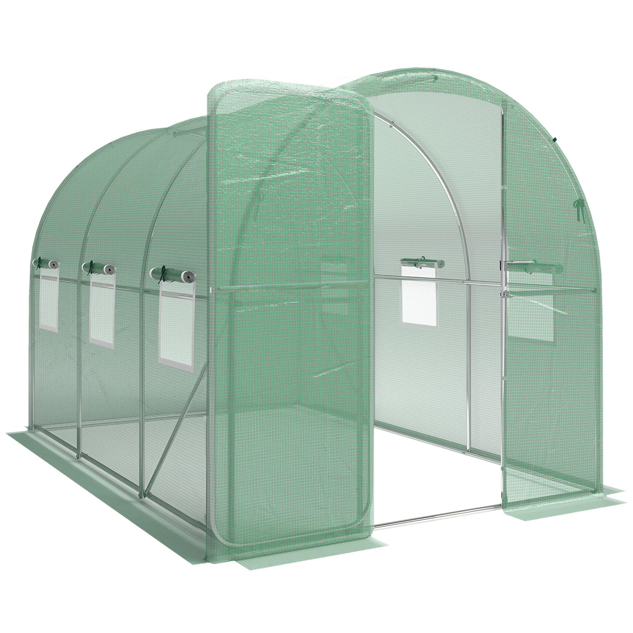 OUTSUNNY Serre tunnel de jardin 6m² porte et 8 fenêtres bâche PE 140 g/m² vert