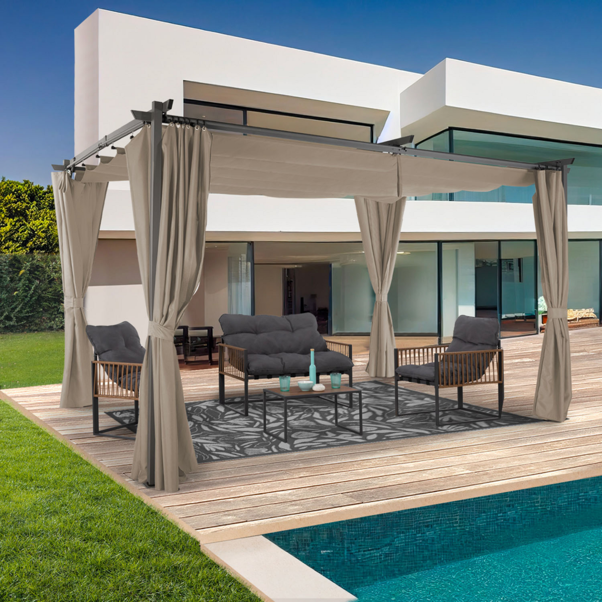 ID MARKET Pergola édition limitée toit rétractable 3x4 M et 4 rideaux taupe