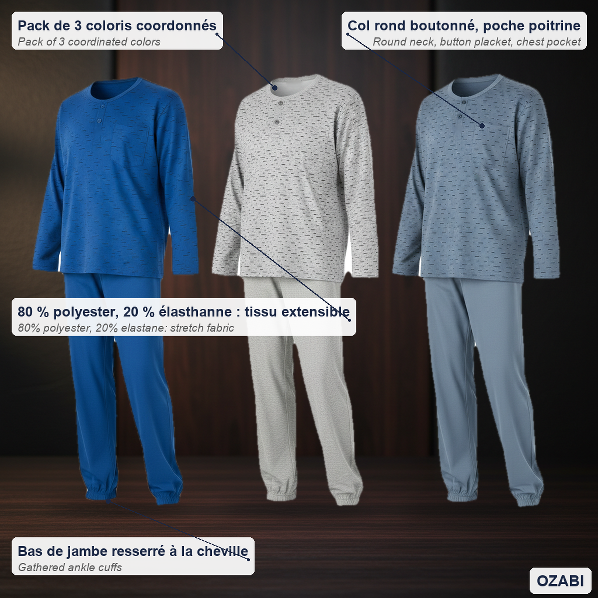Voir la diapositive 5 : OZABI OZABI Ensemble Pyjama Homme Long Pack de 3, Haut Imprimé Col Boutonné