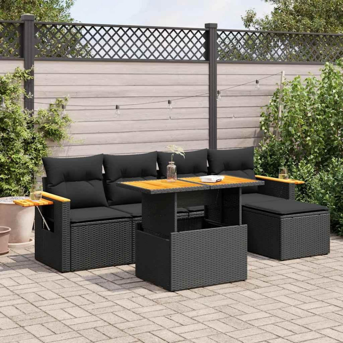 VIDAXL Salon de jardin 6 pcs avec coussins noir resine tressee acacia