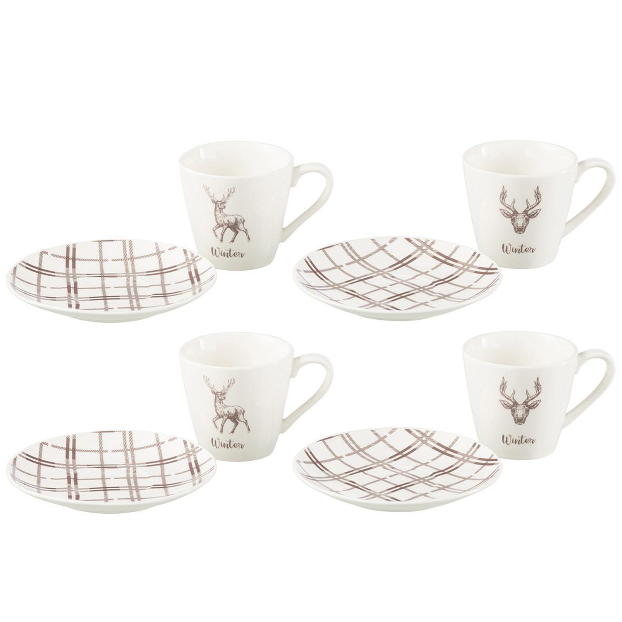 Voir la diapositive 2 : J-LINE Lot de 4 tasses à thé & sous-tasses  renne winter  22cl blanc